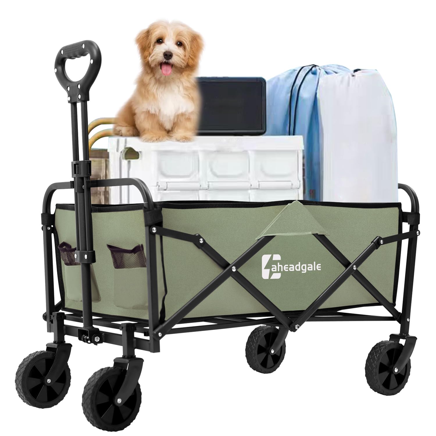 楽天湖南オンラインAHEAD GALE キャリーカート キャリーワゴン 耐荷重100kg 折りたたみ アウトドア ワイドタイヤ搭載 120L大容量 コンパクト BBQ 釣り キャンプ （グリーン（M））