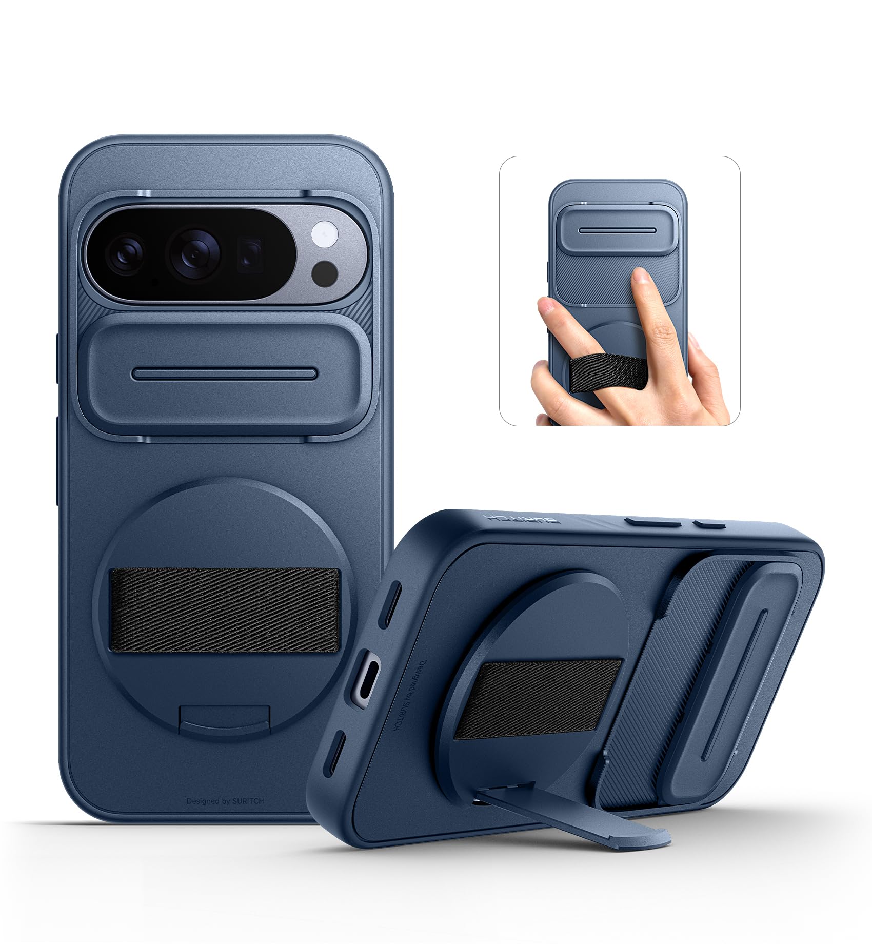 SURITCH 対応Google Pixel 10 Pro XL ケース、360°回転式ハンドストラップ、電話グリップホルダー、インビジブルキックスタンド、スライドカメラカバー付き、頑丈な耐衝撃保護カバー - ダークブルー