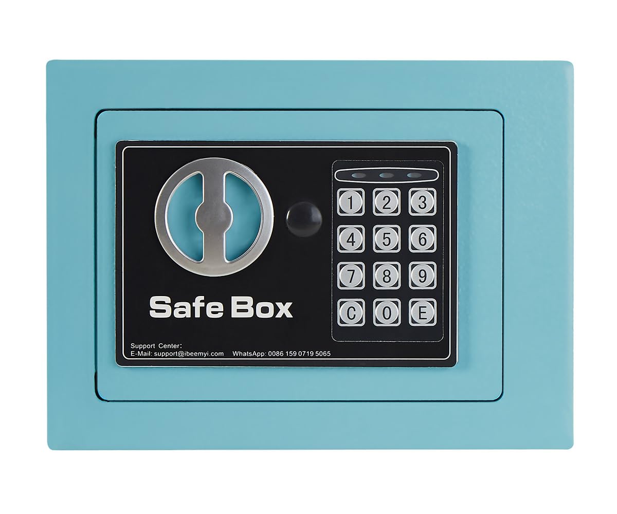 金庫 小型 家庭用 電子テンキー式 ミニ 金庫 家庭用 日本製 6L小型 safe 簡易 壁付け対応 保・箱 保・柜ホテル 子供用・学生用 店舗用 緊急キー2本 日本語説明書付 アンカーボルト*2本 (ブルー, 6L)