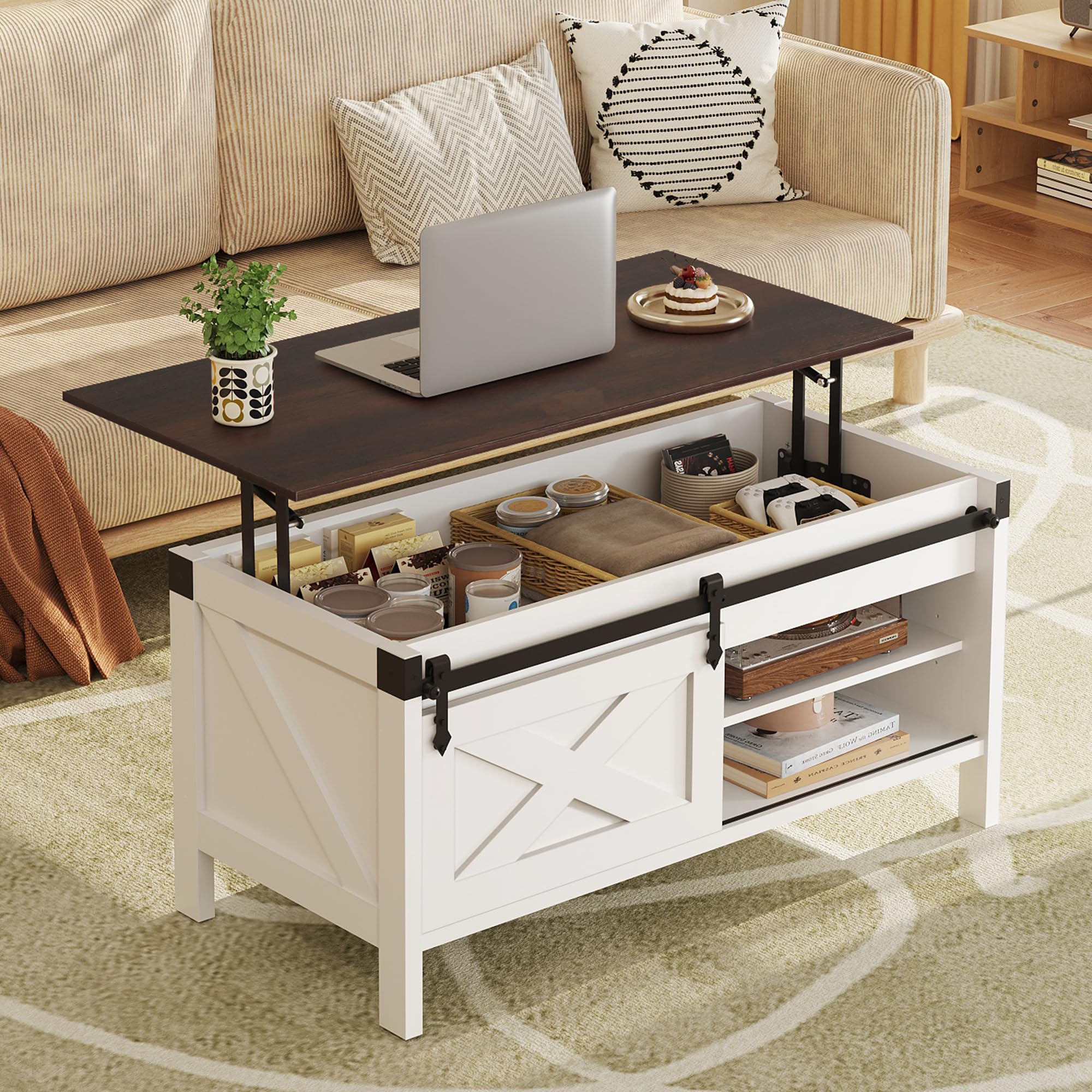 WLIVE コーヒーテーブル 昇降式 リビングテーブル ローテーブル リフティングテーブル センターテーブル 収納 天板昇降 スライドドア 高さ調整 大容量 簡単開閉 ガス圧式 収納棚付き 木製 おしゃれ モーデン ブラック ホワイト ACJ605