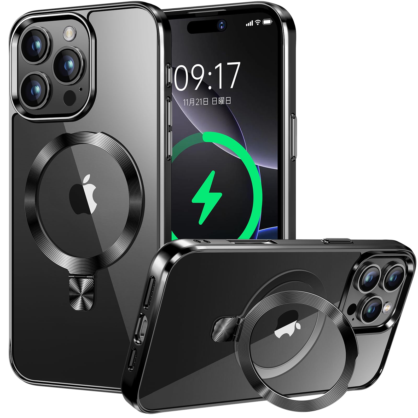 乐天商城 - 【CD MagSafeリング・スタンド一体】iPhone 16 Pro 用クリアケース[MagSafe対応・隠しスタンド] [本体の色・メッキバンパー]ストラップホール付き 角度調整可 米軍MIL規格取得・耐衝撃 アイホン16 Pro透明ケース スマホケー