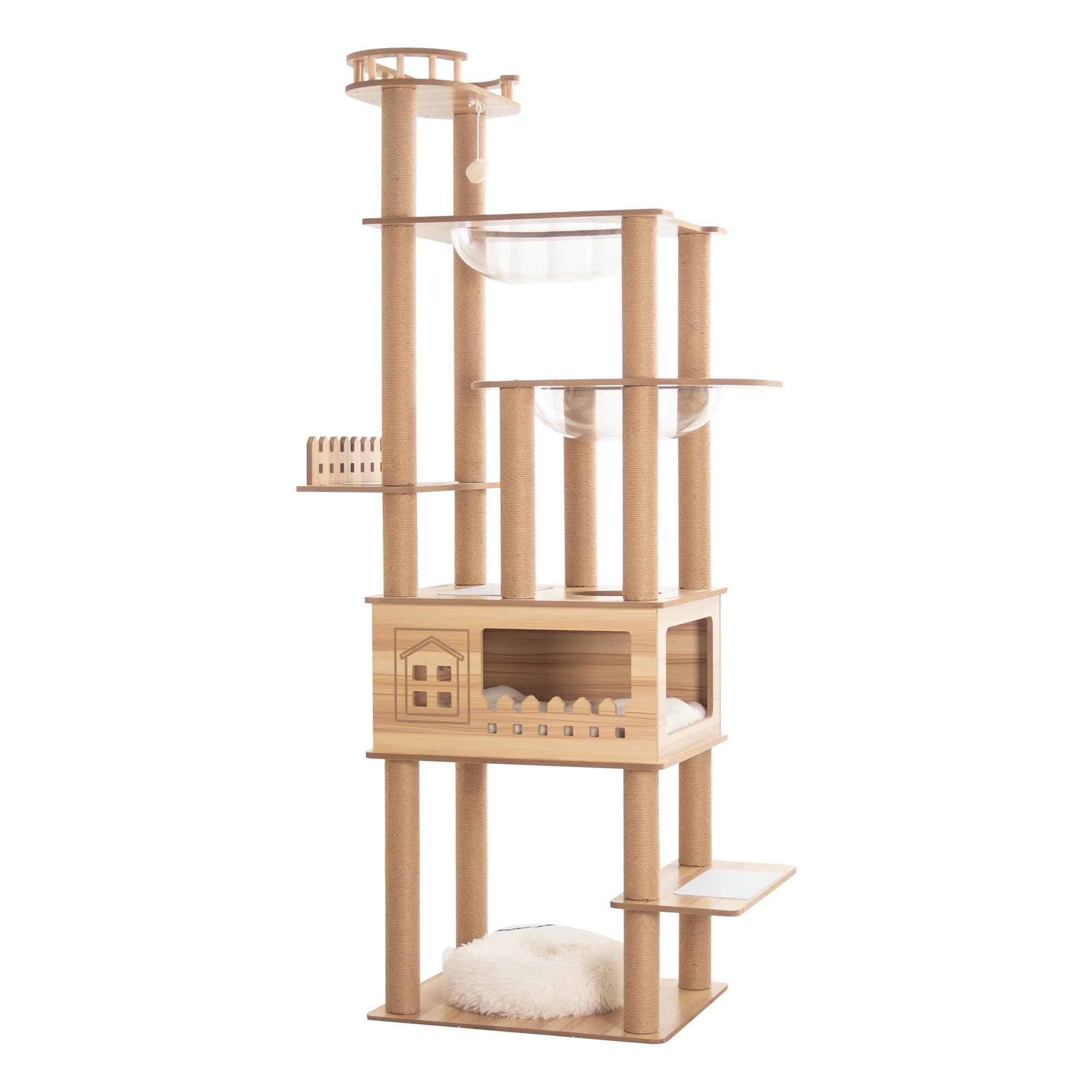 PETTIFUL キャットタワー 木製 据え置き もかもかベッド付き 暖かいクッション 特大クリアボウル バスタブ宇宙船 人気 おしゃれ シニア 大型猫 広い 多頭飼い ストレス発散 爪とぎポール 大型 安定性 どっしり インテリアに馴染み インテリア性高