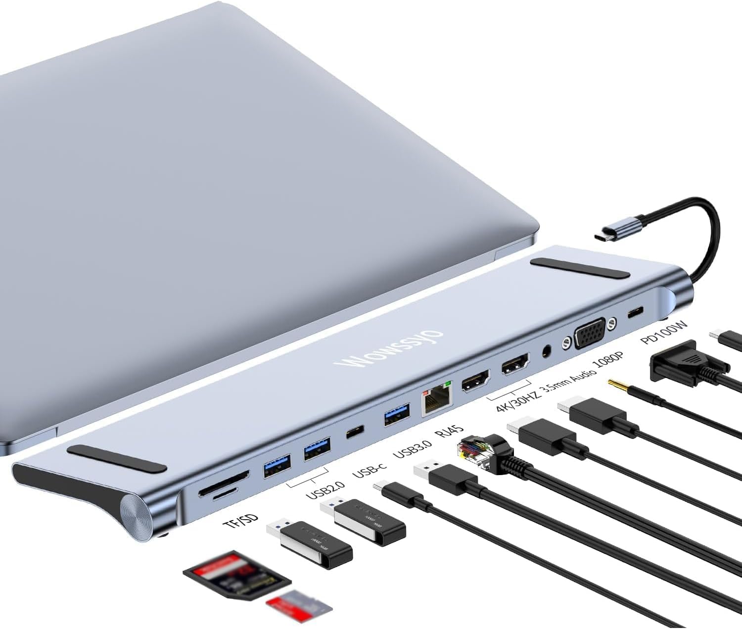 Wowssyo 12-in-1ドッキングステーション USB Cハブ、3ディスプレイ用アダプタ 2 HDMI 4K、VGA、USB 3.0 /2.0、USB Cデータポート、SD/TFカードリーダー、イーサネット、PD 100W、3.5mmオーディオ Ma