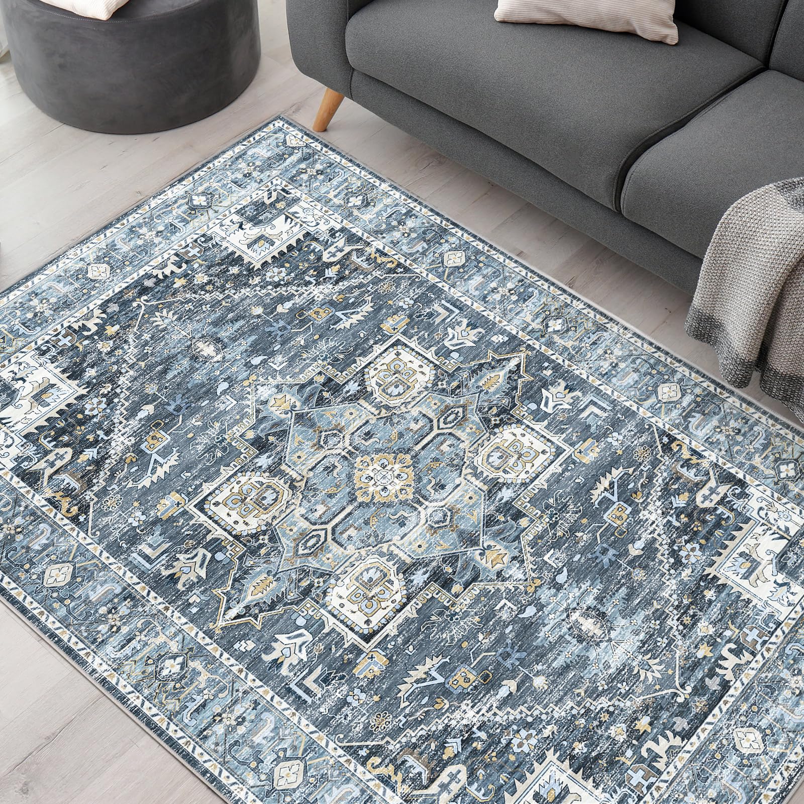 ラグ カーペット マット ペルシャ風絨毯 大判 130×190cm（1.5畳相当）|インテリア 北欧 チェアマット | 洗える 滑り止め 低反発 防音 床暖房対応|抗菌防臭 防ダニ|北欧 幾何学 デザイン|リビング・オフィス オールシーズン 青 ブルー