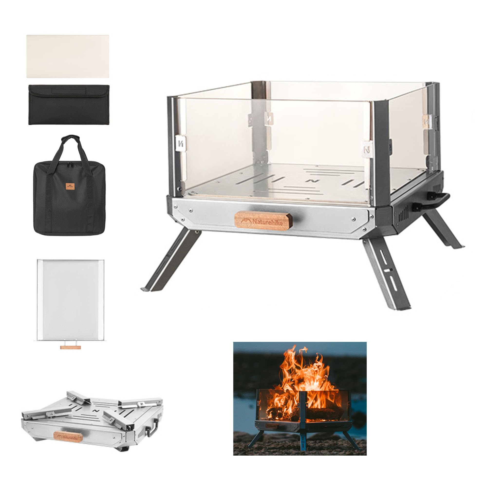 Naturehike 焚火台 薪ストーブ 微結晶ガラス 大きいサイズ 焼き網と併用できる 耐高温 多機能 折り畳み コンパクト 灰受け皿 火を見える 暖を取る お茶をいれる BBQ 焼き鳥 冬用 アウトドア ソロキャンプ キャンプコンロ 430ステンレス