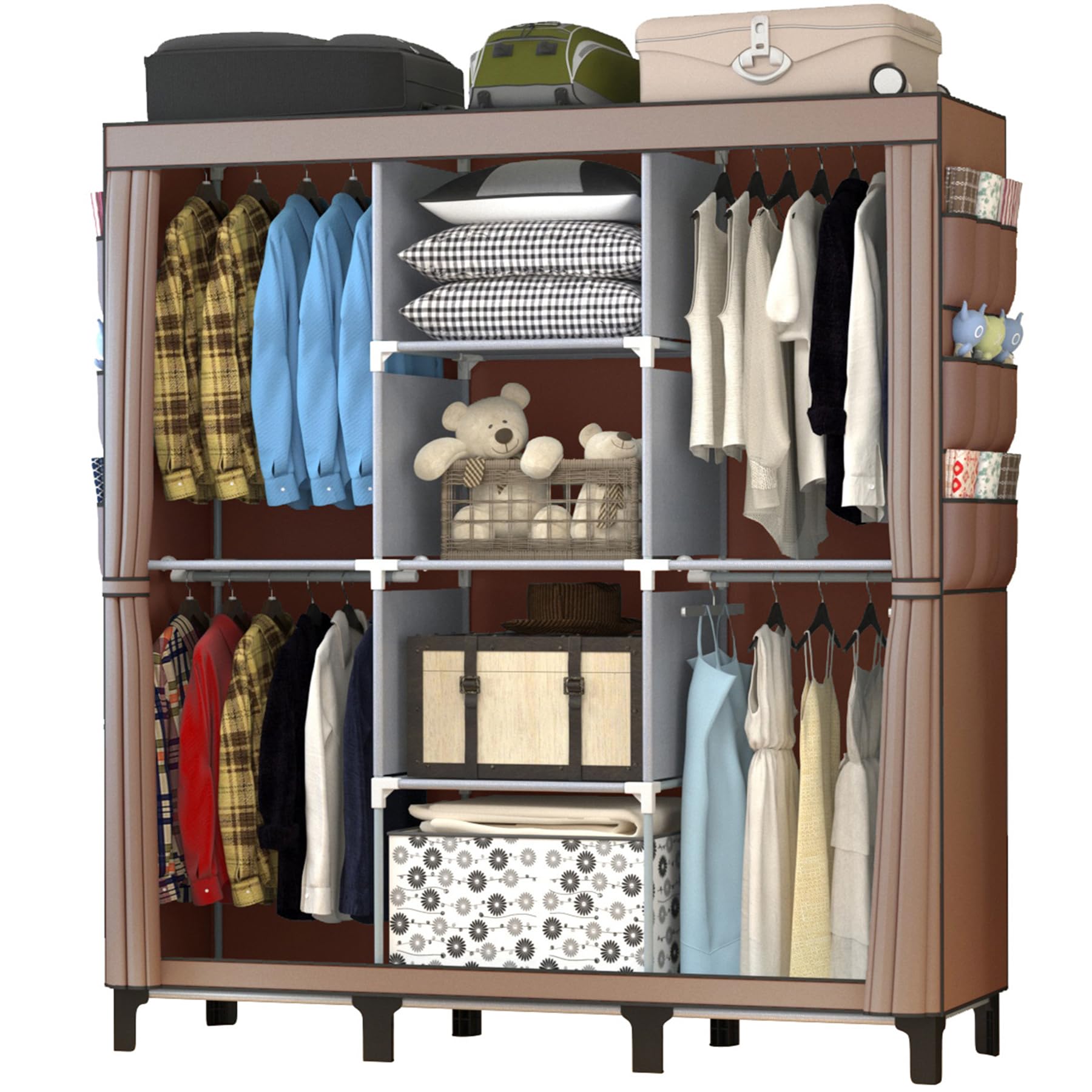 ワードローブ 大容量 ワードローブ カバー付き 不織布 頑丈 簡易クローゼット おしゃれ 簡単組立式 ワードローブ 収納 省スペース 防水 防塵 防汚（幅130×奥行45×高さ172cm) (ブラウン)