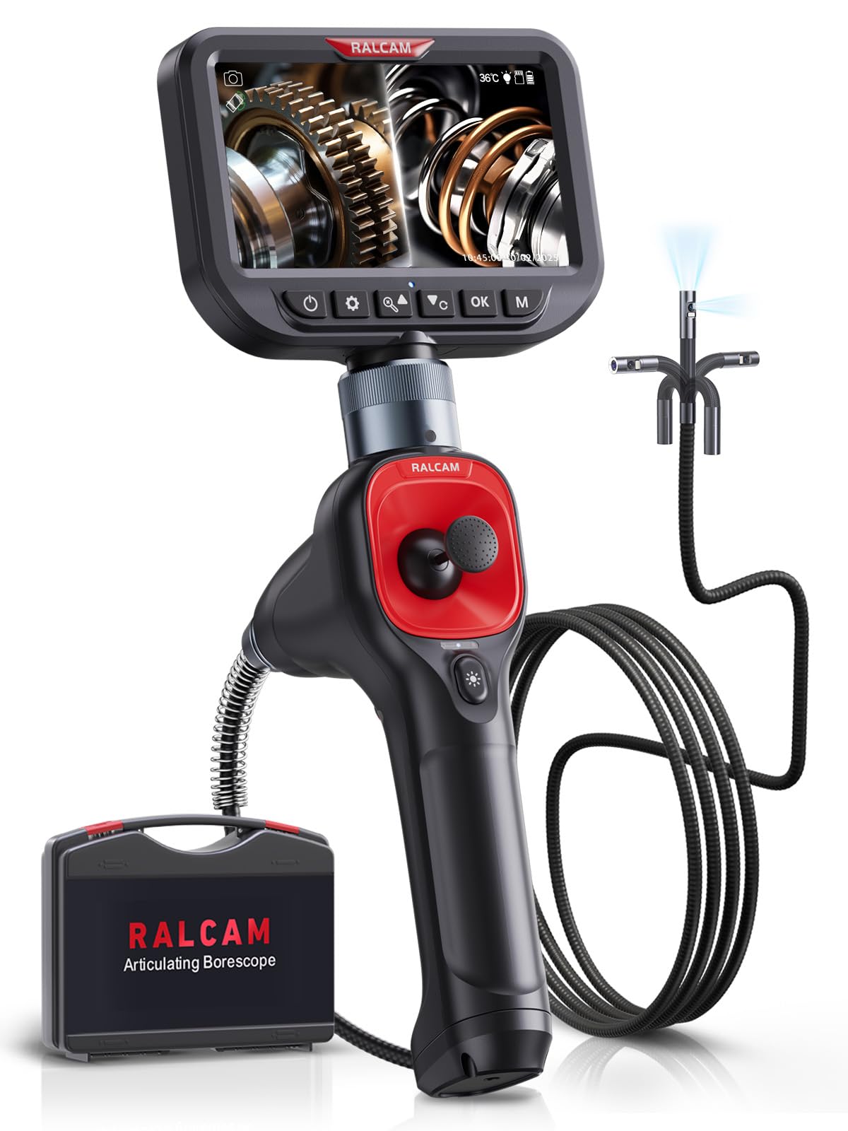 Ralcam ファイバースコープ デュアルカメラ 先端可動式 360°四方向回転 6.5mm超細径 二方向同時撮影 5インチIPS液晶 暗所対応LED 工業用内視鏡カメラ IP67防水防塵 車検修理用 プロ仕様 1.5M半剛性ケーブル