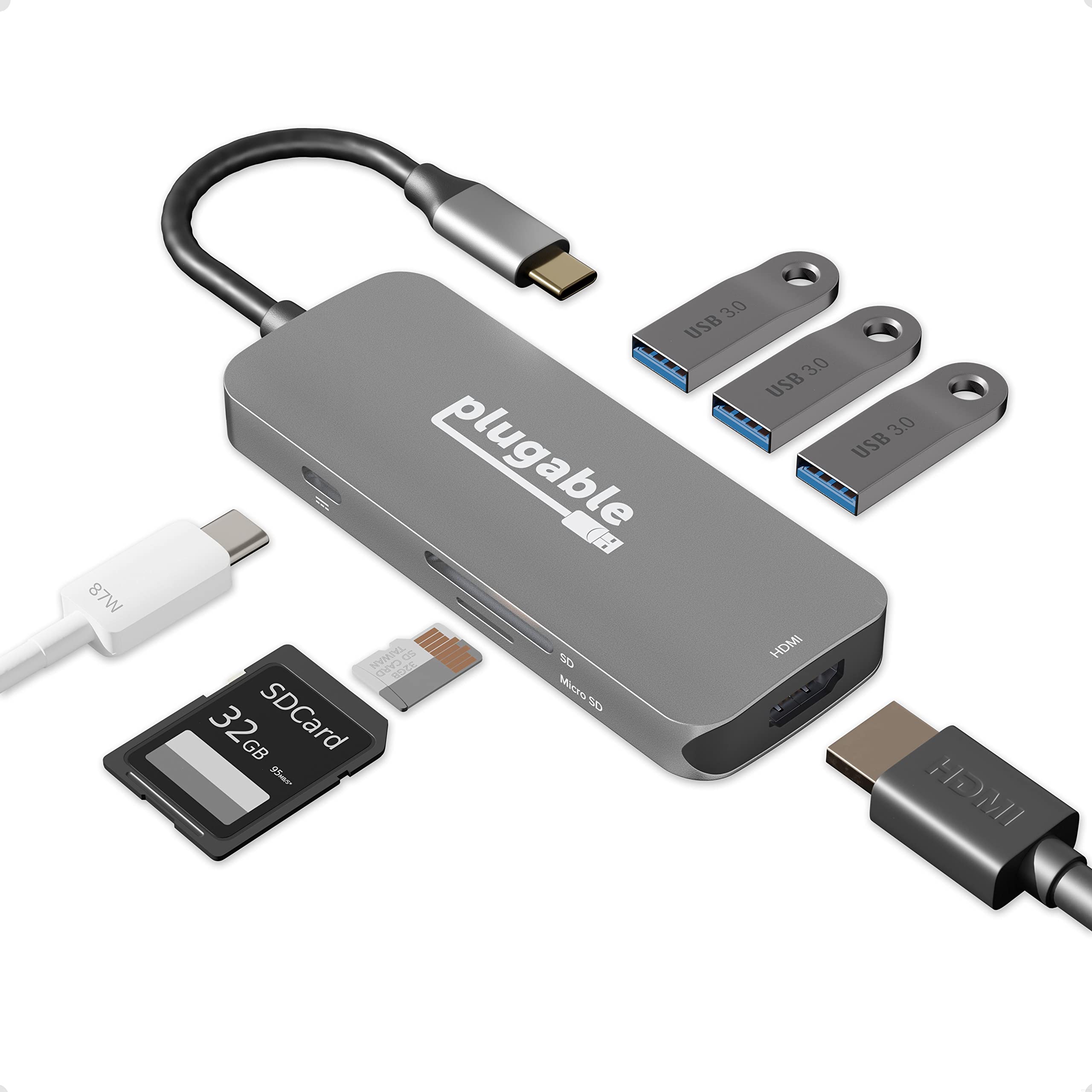 Plugable USB-C ハブ 7-in-1 マルチアダプター Windows Mac Chromebook 互換（4K HDMI、USB 3.0 ポートx3、SD/microSD カードリーダー、92W 充電）USB4、Thunderbolt 3/4