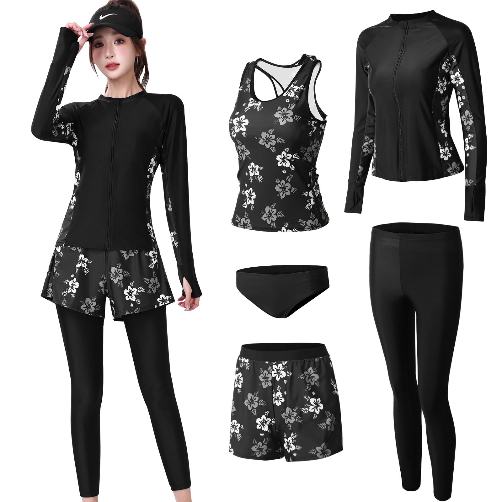 水着 レディース フィットネス水着 体型カバー ラッシュガード 5点セット タンクトップ レギンス 指穴空き UVカット 冷感 水陸両用 オシャレ かわいい 水泳 女性用