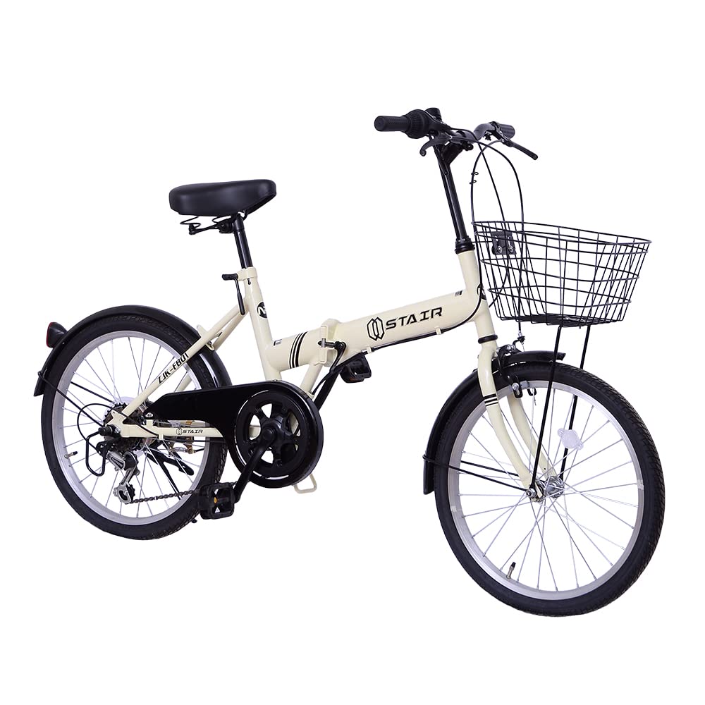 折りたたみ自転車 折り畳み自転車 20インチ シマノ6段変速 カゴ付 ワイヤ錠・ライトのプレゼント付き 前後泥除け装備 ハンドルの高さ調節できる 小径車 ミニベロ アイボリー
