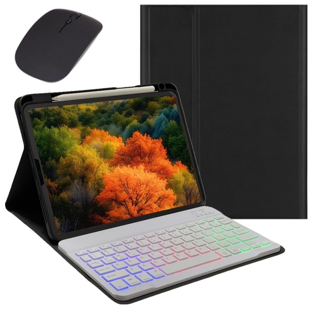 マウス付き iPad 11世代/10世代 バックライトキーボード iPad（A16）11インチ 2025/10.9インチ 2022 キーボードケース カラフル RGBバックライト 分離式 Apple Pencil 収納可能,黒+白