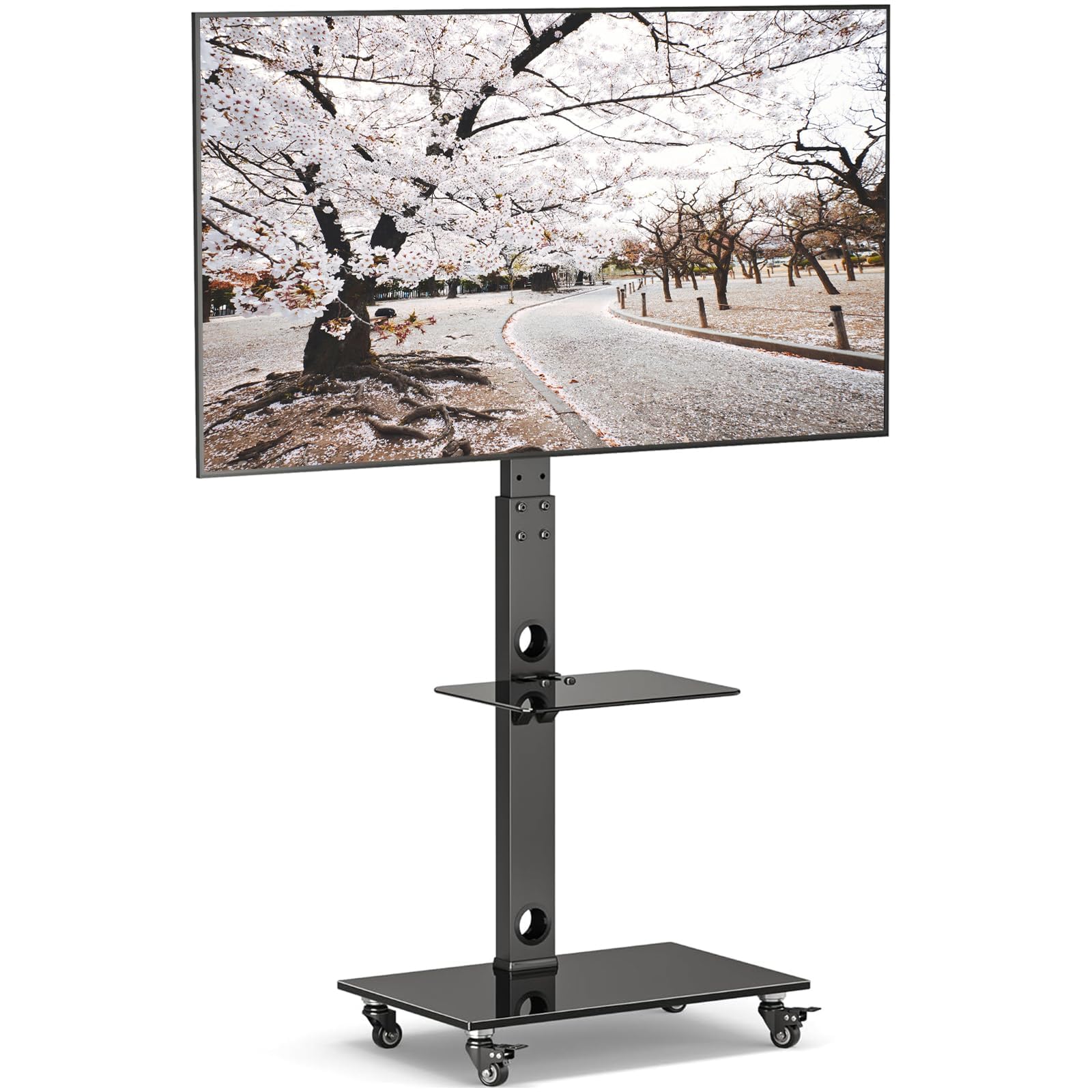 BONTEC テレビスタンド キャスター付き ハイタイプ 壁寄せ TV台 30〜70インチ 液晶テレビ対応 耐荷重40kg 高さ6段調整 左右37度回転 VESA600x400mm 2段強化ガラス棚板付き スチール製 耐震 省スペース設計
