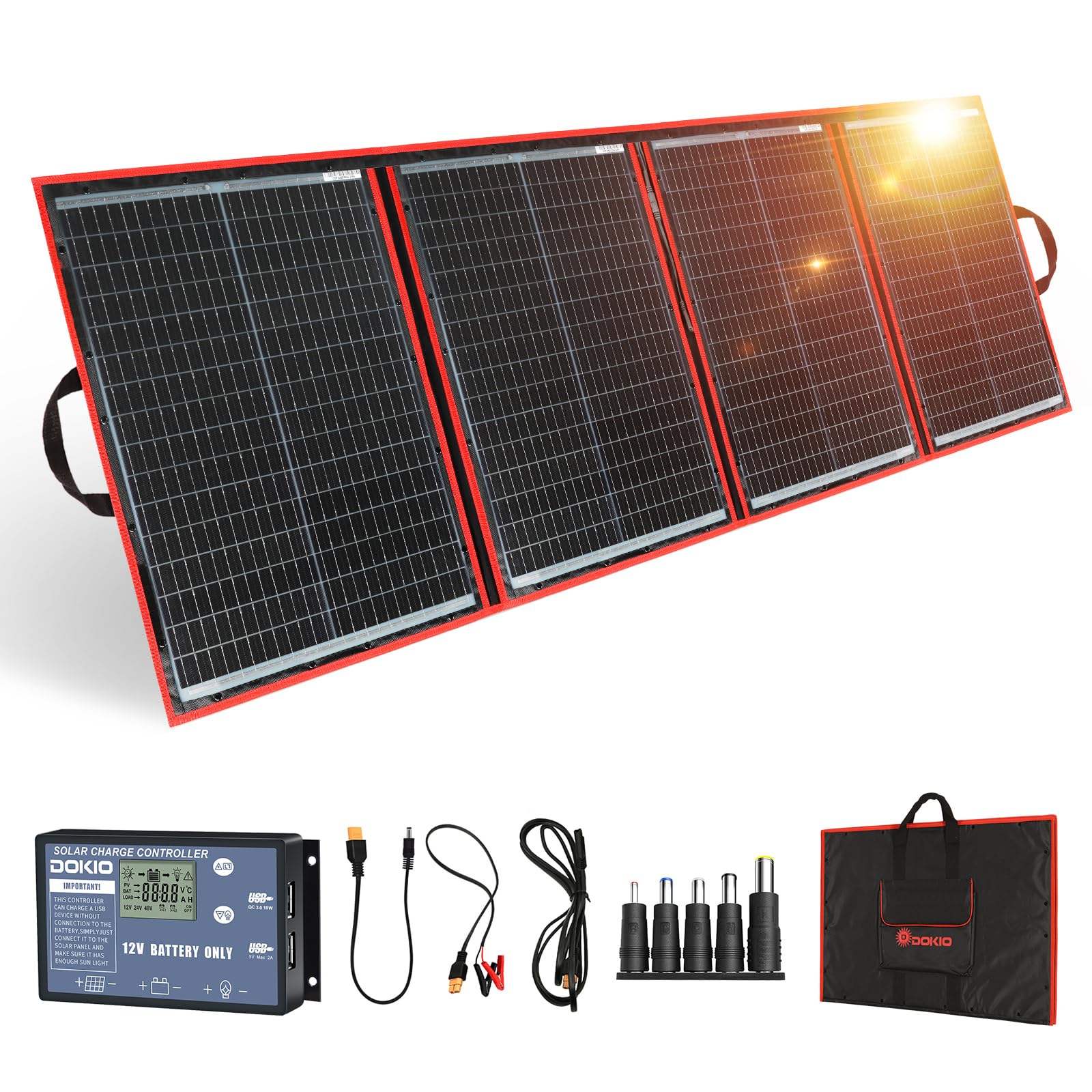 DOKIO ソーラーパネル 200W 18V セット 折りたたみ式195×67×0.6cm USB出力 単結晶 超軽量 5種DCプラグ スマホ 12Vバッテリー ポータブル電源対応 キャンプ 車中泊 アウトドア 防災グッズ konanonline-10391547 湖南オンライン パッケージ画像