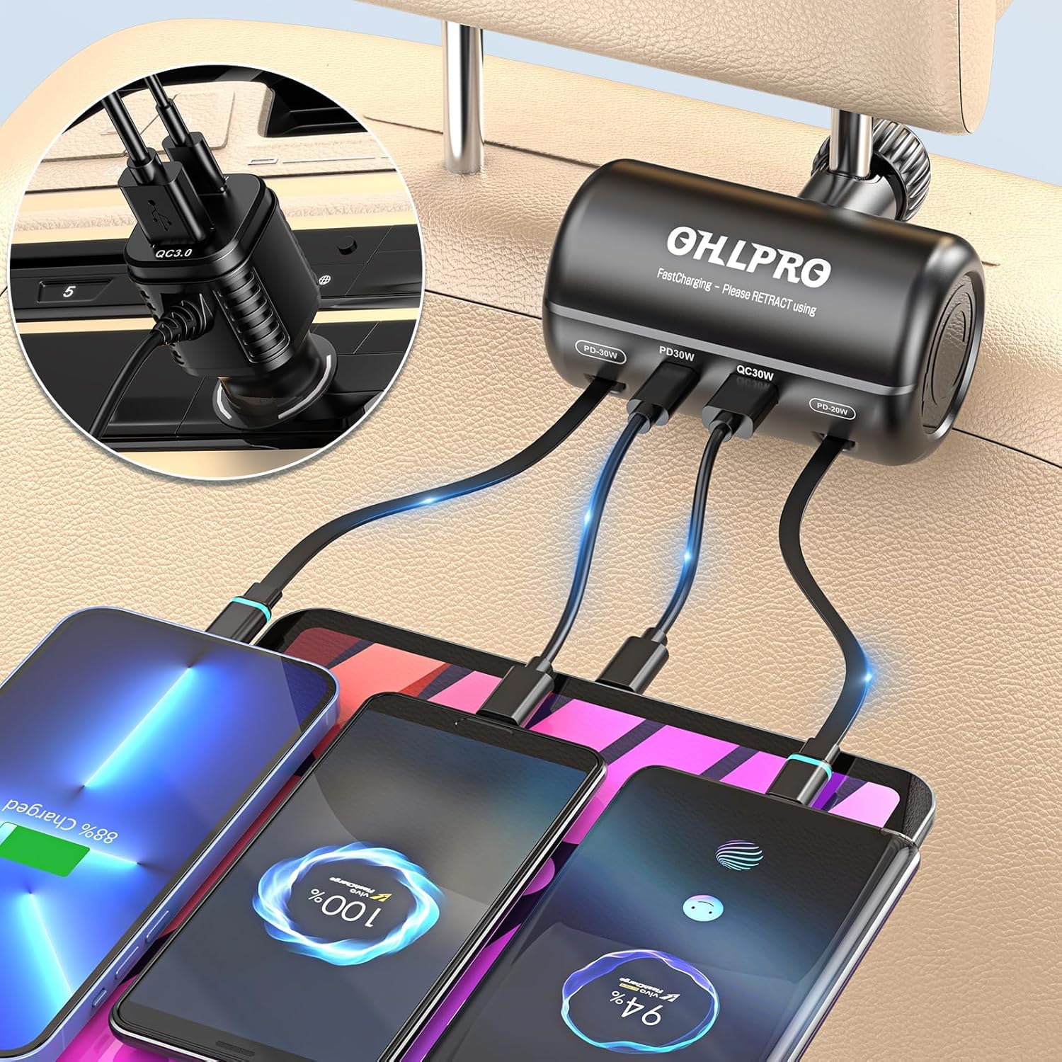 楽天湖南オンラインOHLPRO 車 充電器 後部座席用 シガーソケット付き【2in1巻き取り式充電ケーブル&4ポート】110W急速充電 Type-C/ライトニングケーブル/USBポート/PDポート iPhone/Android/HuaweiなどスマホとiPadなどタブレット