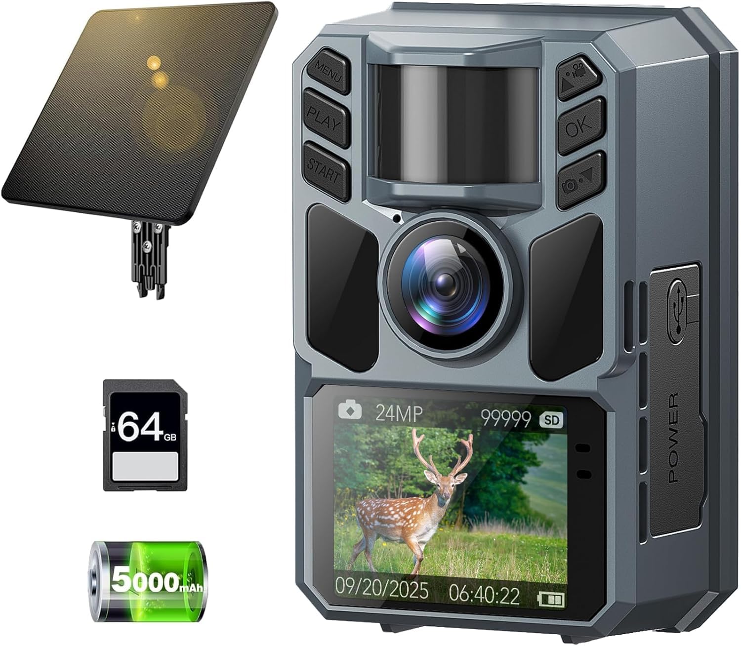 FKPCAM トレイルカメラ ソーラー式 【ソーラー式＆配線不要】 4K64MP 超高速トリーガースピード 小型 防犯カメラ 赤外線カメラ 動物監視カメラ 64GBメモリーカード付き ソーラーパネル＆5000mAh充電式電池付き IP67防水防塵 赤外線L