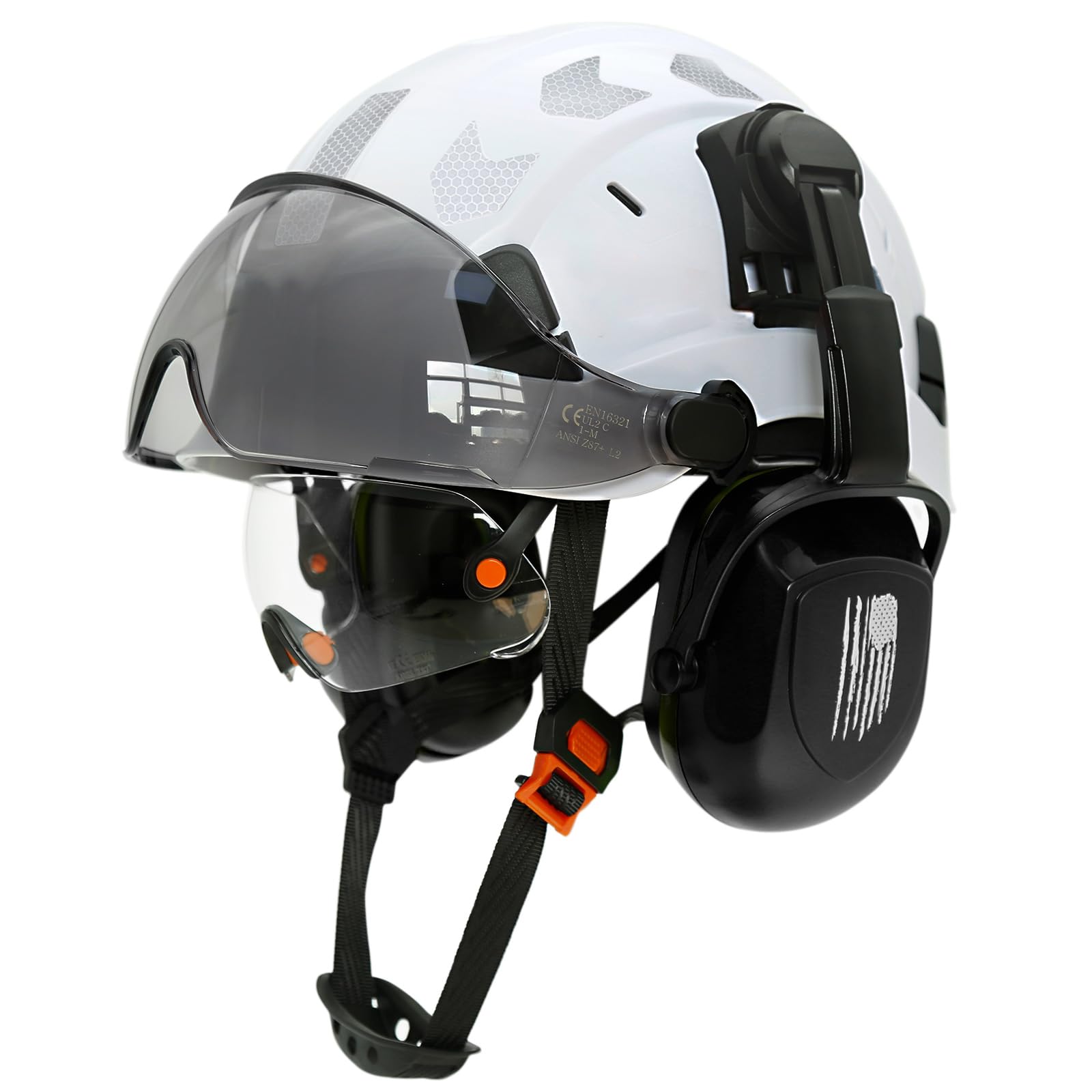 PerldVerge 職業用ヘルメット 安全ヘルメット クリアバイザーと耳栓付き 頭部保護 軽量 通気性 デュアルバイザー付き EN397規格準拠
