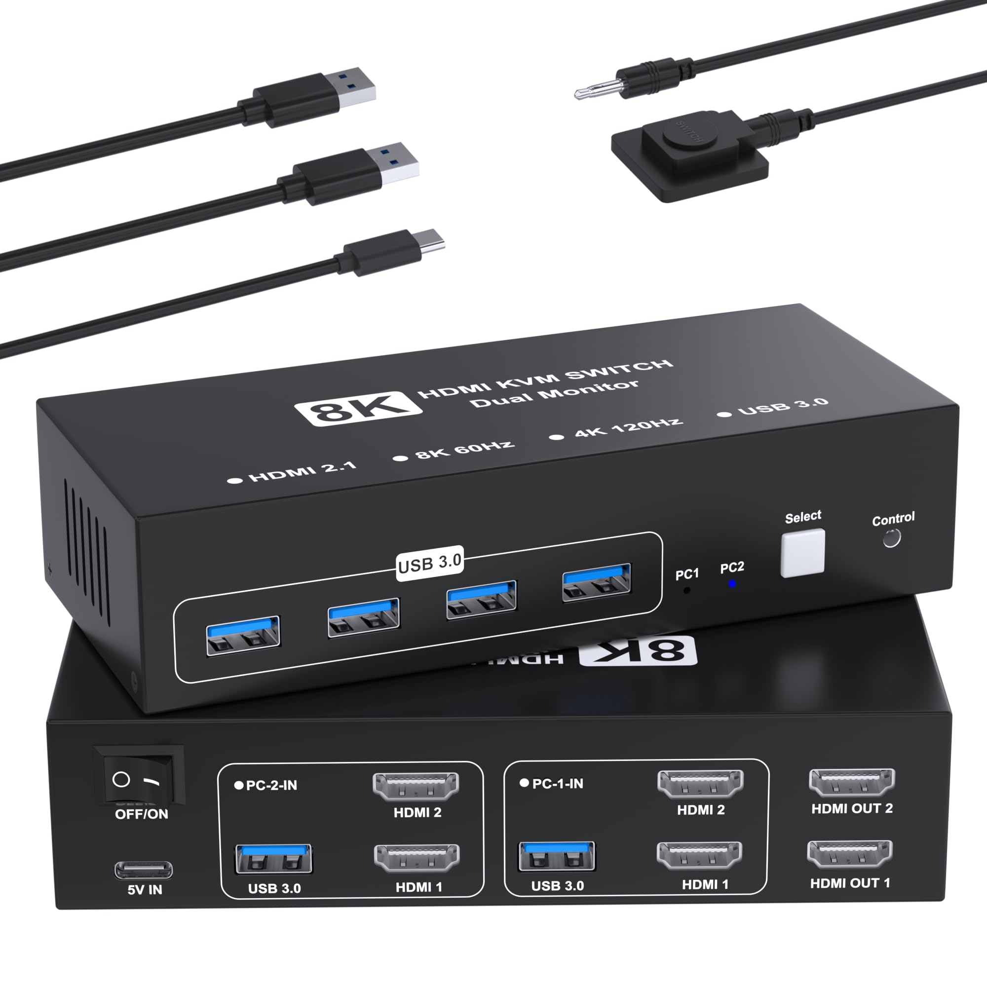 8K@60Hz HDMI KVMスイッチ 2入力2出力 HDMI KVM 切替器 パソコン2台モニター2台切り替え 4つのUSB 3.0ポート キーボード/マウス/プリンター/他のデバイス対応 パソコン切替機 PC 切替機 USB 切替器 HDMI セレク