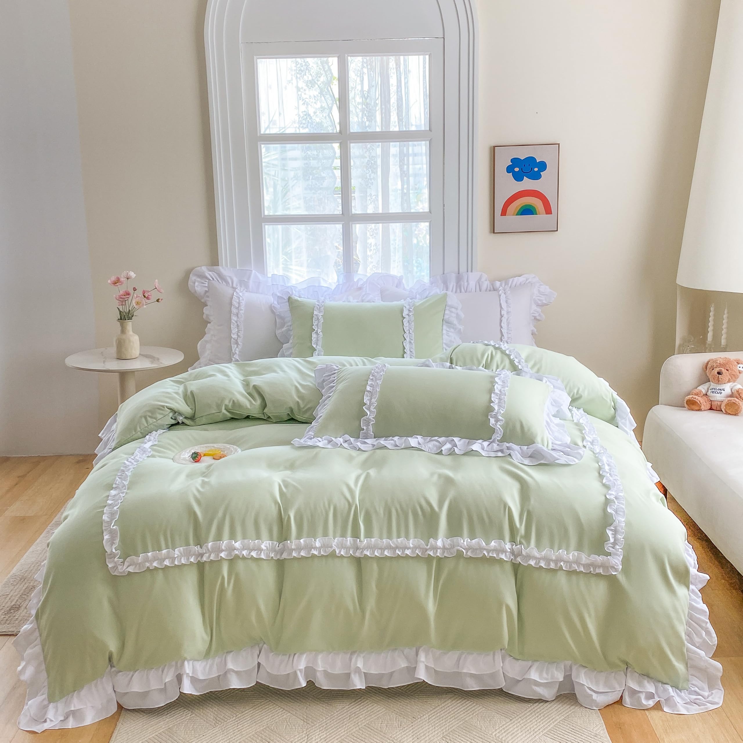 Ovege 布団カバー シングル 3点セット 掛け布団カバー ベッドスカート 洋式 枕カバー かわいい フリル..