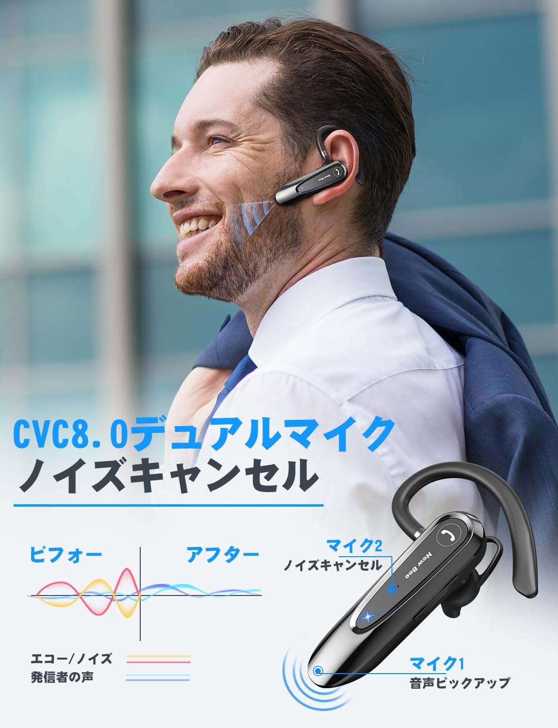 New Bee Bluetoothイヤホン 片耳 ハンズフリー通話 イヤホン ノイズキャンセリング 左右兼用 24時間連続使用 両マイク内蔵 2台同時接続 Bluetoothヘッドセット Bluetooth5.0 CVC8.0 リダイヤル/ミュート/SIR konanonline-10241318 湖南オンライン サンプル画像2