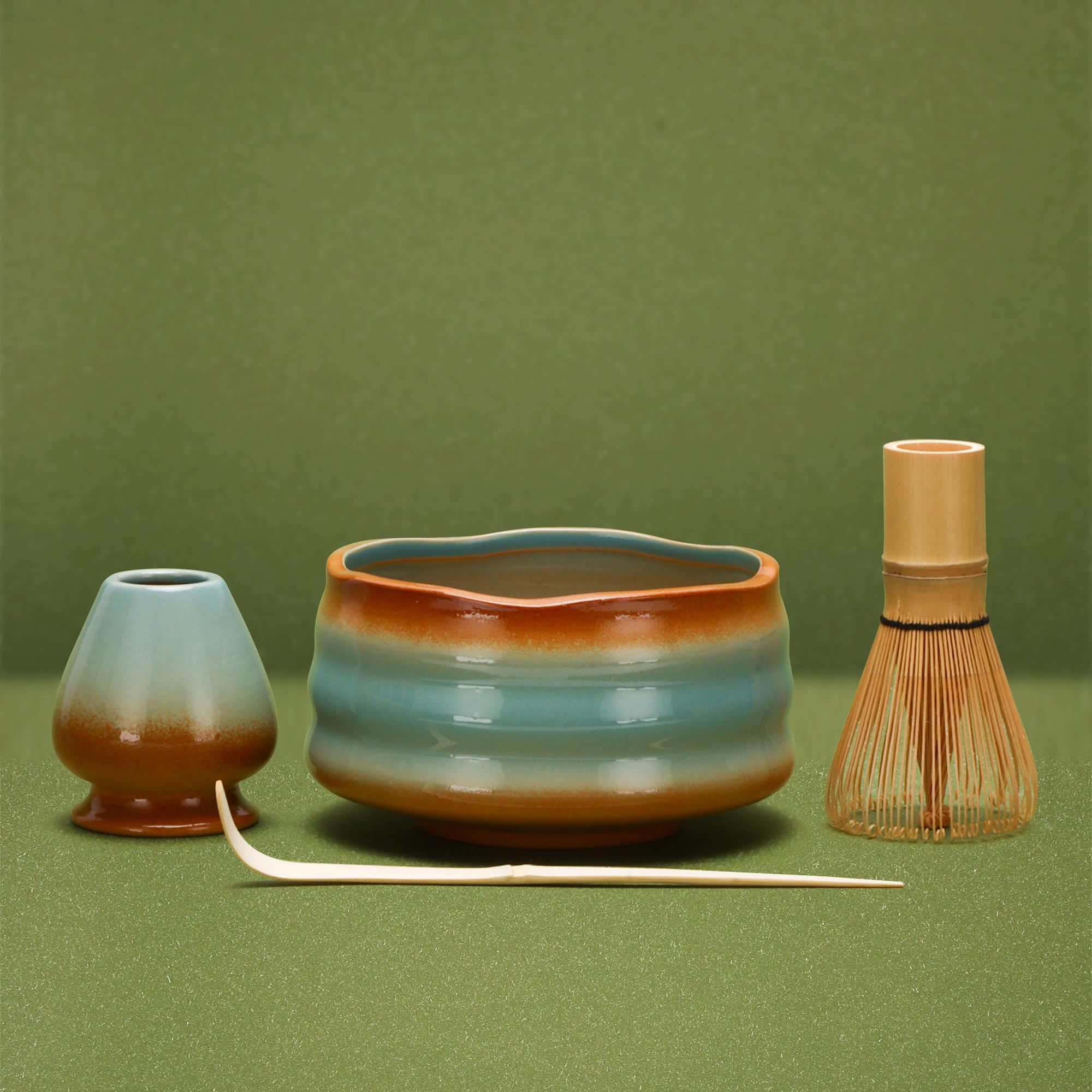 DiDiBirDi 抹茶セット、茶道4点セット、抹茶茶碗、抹茶泡立て器スタンド、抹茶竹スコップ (茶杓)、伝統的な竹製茶筅 (茶筌) 茶道初心者への贈り物