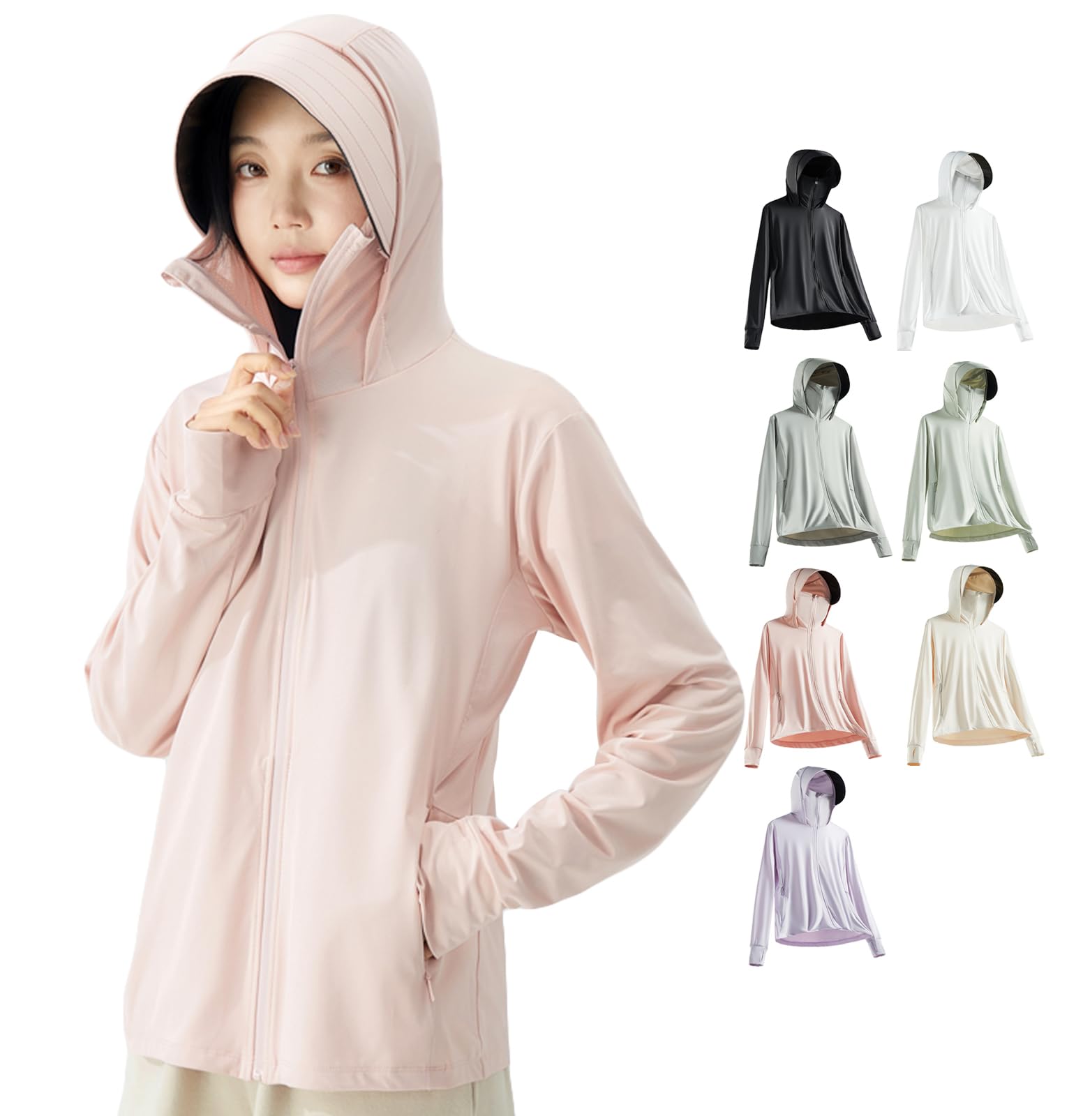 [LLHfashion] ラッシュガード レディース uvカット 涼しい 日焼け防止パーカー 夏用 長袖 ラッシュパーカー 接触冷感 通気性 UPF50+ アウター 夏 フード付き 紫外線対策 pink M