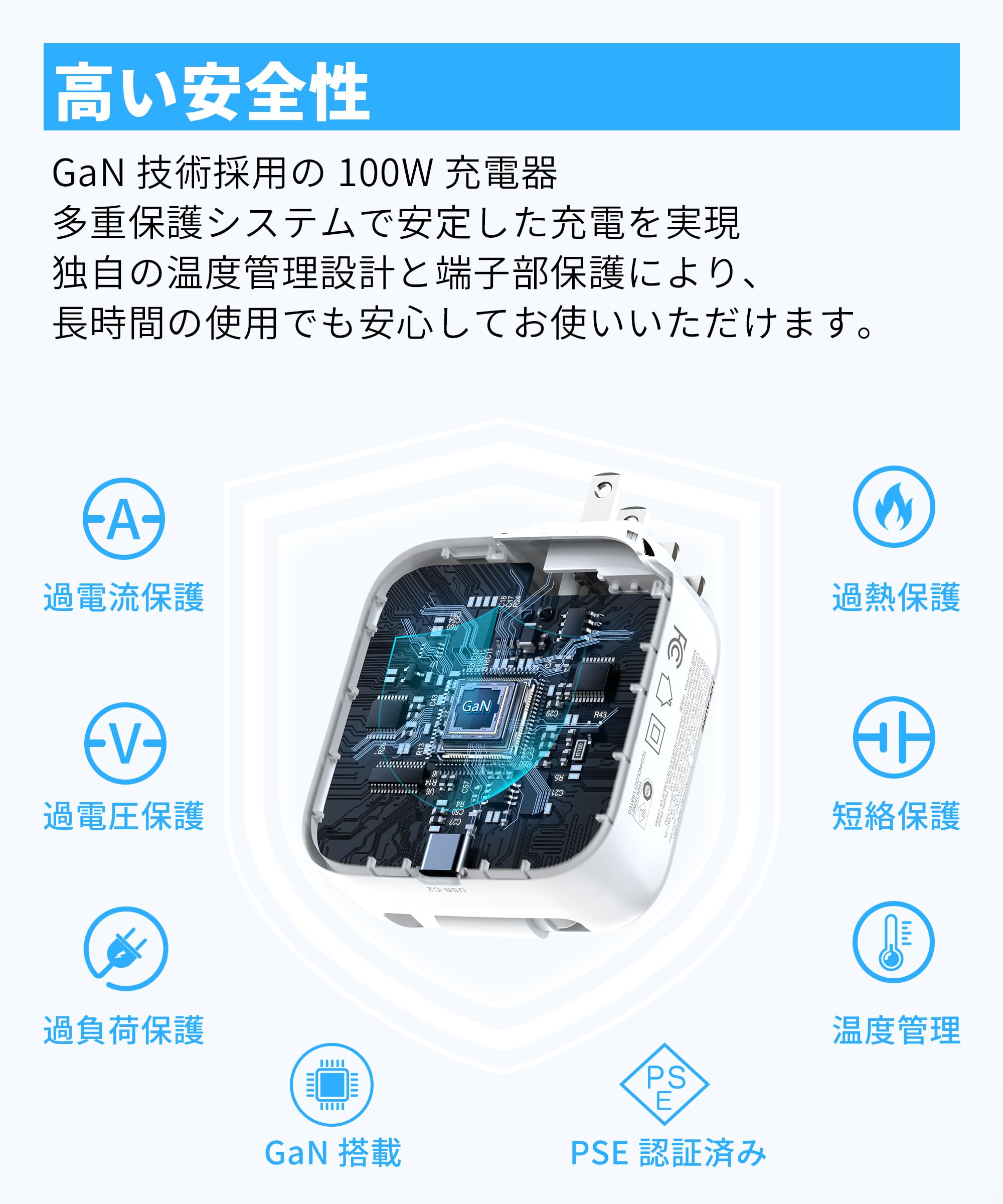 TOPADRE 100W 急速充電器 Type-C 当社最長巻き取り式折りたたみプラグ PD 充電器 type-c 2ポートケーブルー体型 PD/QC3.0/PPS規格対応ノートPC/iPh