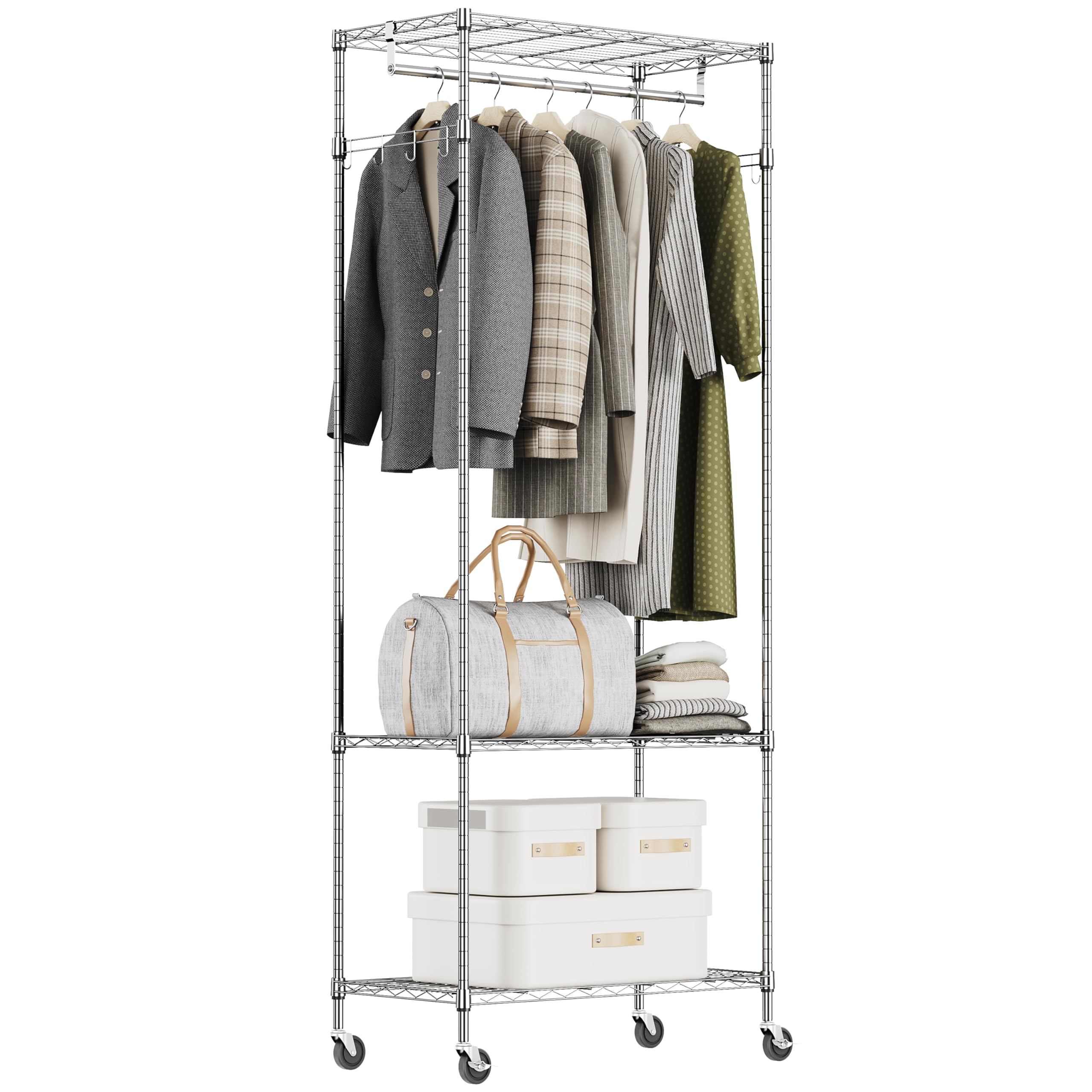 IZEUK ハンガーラック キャスター付き 2段 ハンガーパイプ1本 洋服ラックポール 収納 棚 服掛け 防錆 頑丈 幅75×奥行40×高さ189.3cm ポール径19.1mm パイプハンガー コート掛け おしゃれ アジャスター付属 ・面2個コート掛けフッ