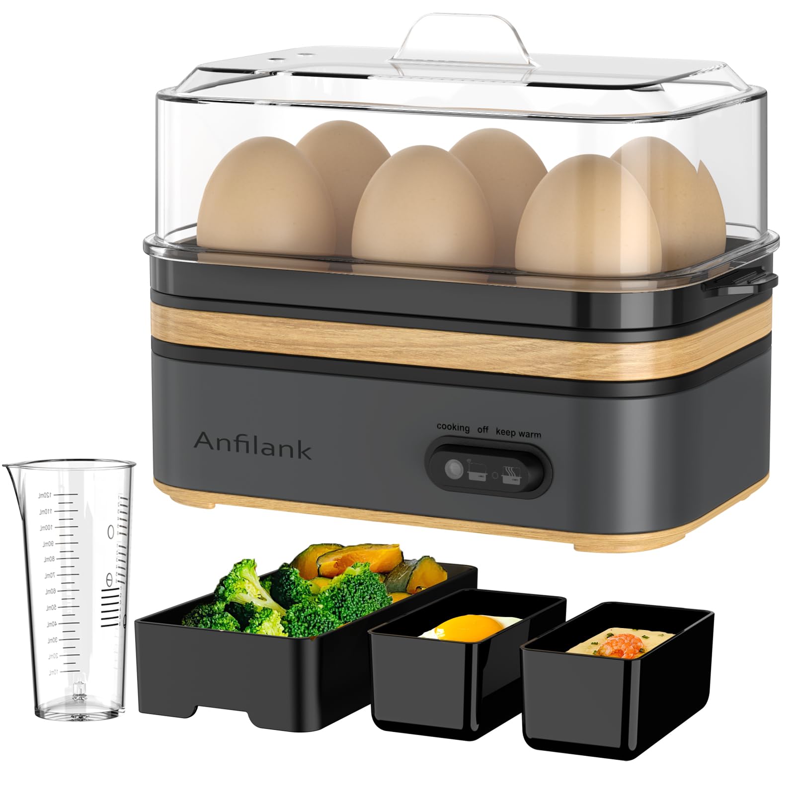 Anfilank ゆで卵メーカー スチームクッカー 保温機能 半熟卵 固ゆで卵 茶碗蒸し 蒸し料理 簡単操作 ゆ..
