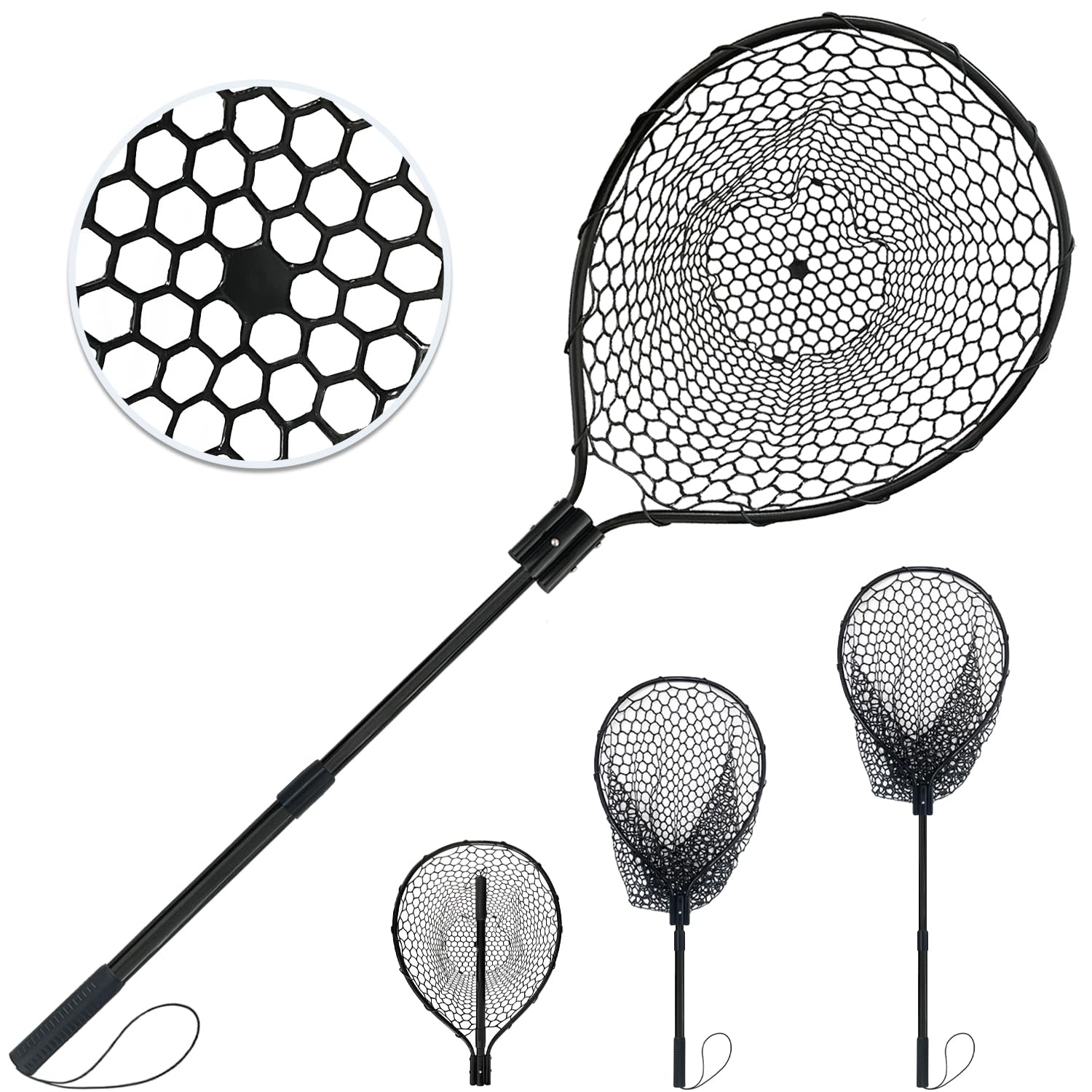 PRO FISHING 伸縮式 162cm ゴム製のフィッシングネット ランディングネット 中型~大型魚対象/軽量アルミボディ 携帯用です します 淡水/海水両用 フィッシングたも ガサガサ網 ヘキサネット タモアミ タモ 釣り (橙色和紫色和黒色) (黒