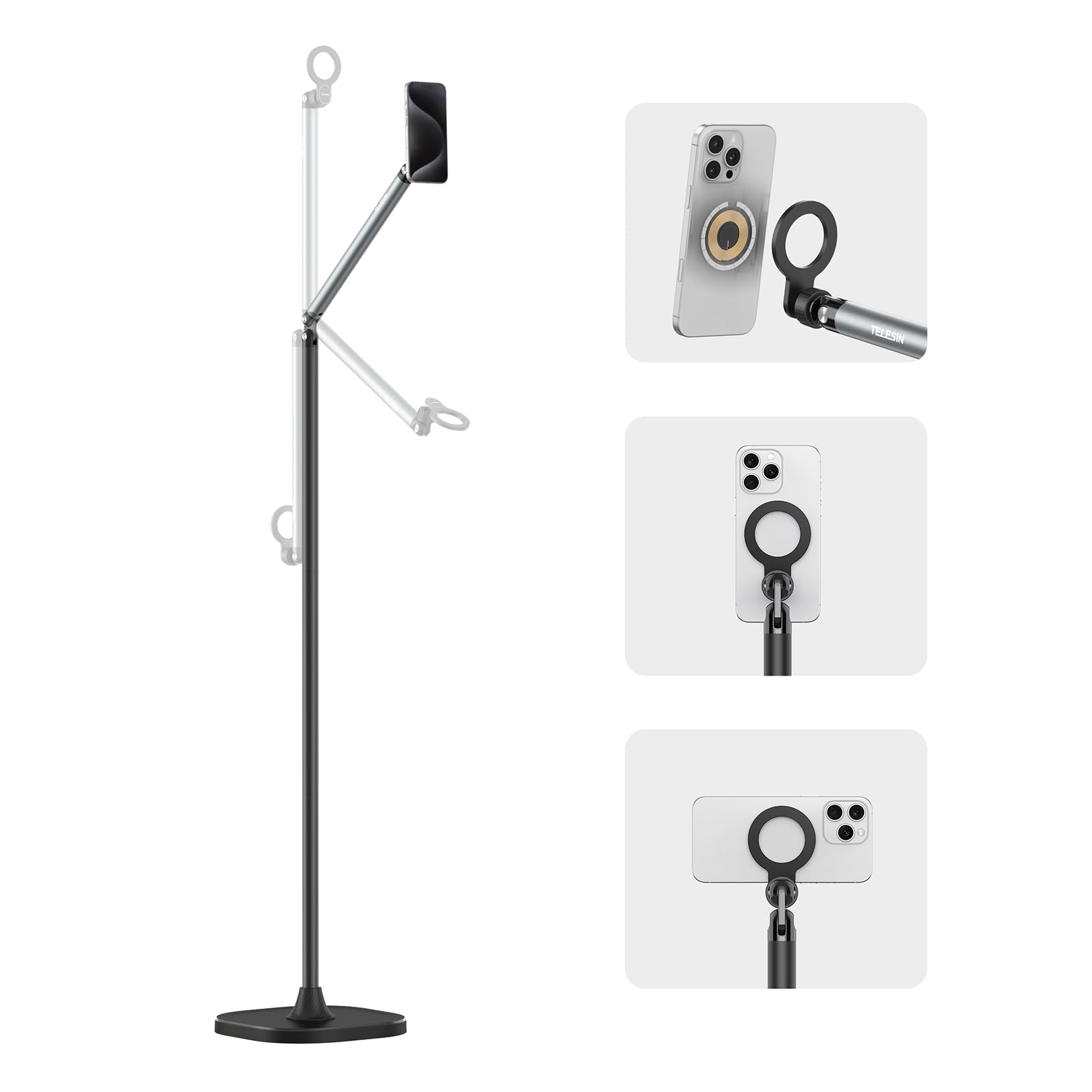 ・【強力マグネット式＆カチッと磁着】ストレスフリーな装着で動画スタート！寝ながらスマホスタンドは強力マグネットがスマホをパッと吸着。面倒な位置調整やケース外し不要で、手を挟む心配もゼロ。ライブ配信や動画撮影の準備を驚くほどスピーディーに。・【自在に動くプロ級アングル】思わず撮りたくなる理想の角度へ！スマホアームスタンドは180°可動シャフト+自由回転ボール雲台で縦横無尽。床に置いたまま高さ70cmまで届き、食事中もベッドで動画閲覧中も、楽な姿勢で「見たい・撮りたい」を叶えます。・【優れた安定感＆圧倒的小スペース】ドサッと置くだけ、倒れる心配ナシ！ipad アームスタンドのタービン型ベースが1.5kgの重さを分散。スマホが揺れても、軽くぶつかってもビクともしない安心設計。場所を取らずリビングやベッドサイドにスッキリ配置可。・【拡張可能でクリエイターの強い味方】ライト追加でクオリティがワンランクアップ！マグネットスマホスタンド ベッドは・TELESINスマホファンライト、スマホライトなどの設備を拡張することができます。可能性が広がるマルチスタンド。・【Mag*Safe非対応機種もこれ1台でOK！】最新iPhoneもAndroidもiPadも、誰でも使える安心設計！MagSafeケースには直接吸着でより強力に。非対応機種には付属磁気シート+Mag*Safeケースで確実ホールド。スマホが変わっても、この寝ながらタブレットスタンドは長く活躍します。