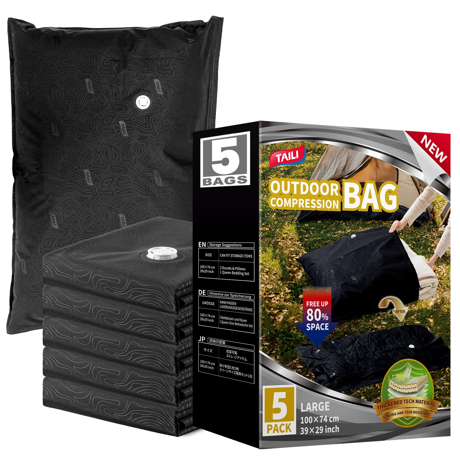 TAILI 圧縮袋 衣類 布団 100×74 CM 大容量 圧縮バッグ 横型 収納袋 ふとん 服 防水 防塵防湿 掃除機対応 収納 衣替え 繰り返し 3枚入 旅行 引越し 出張 ブラック