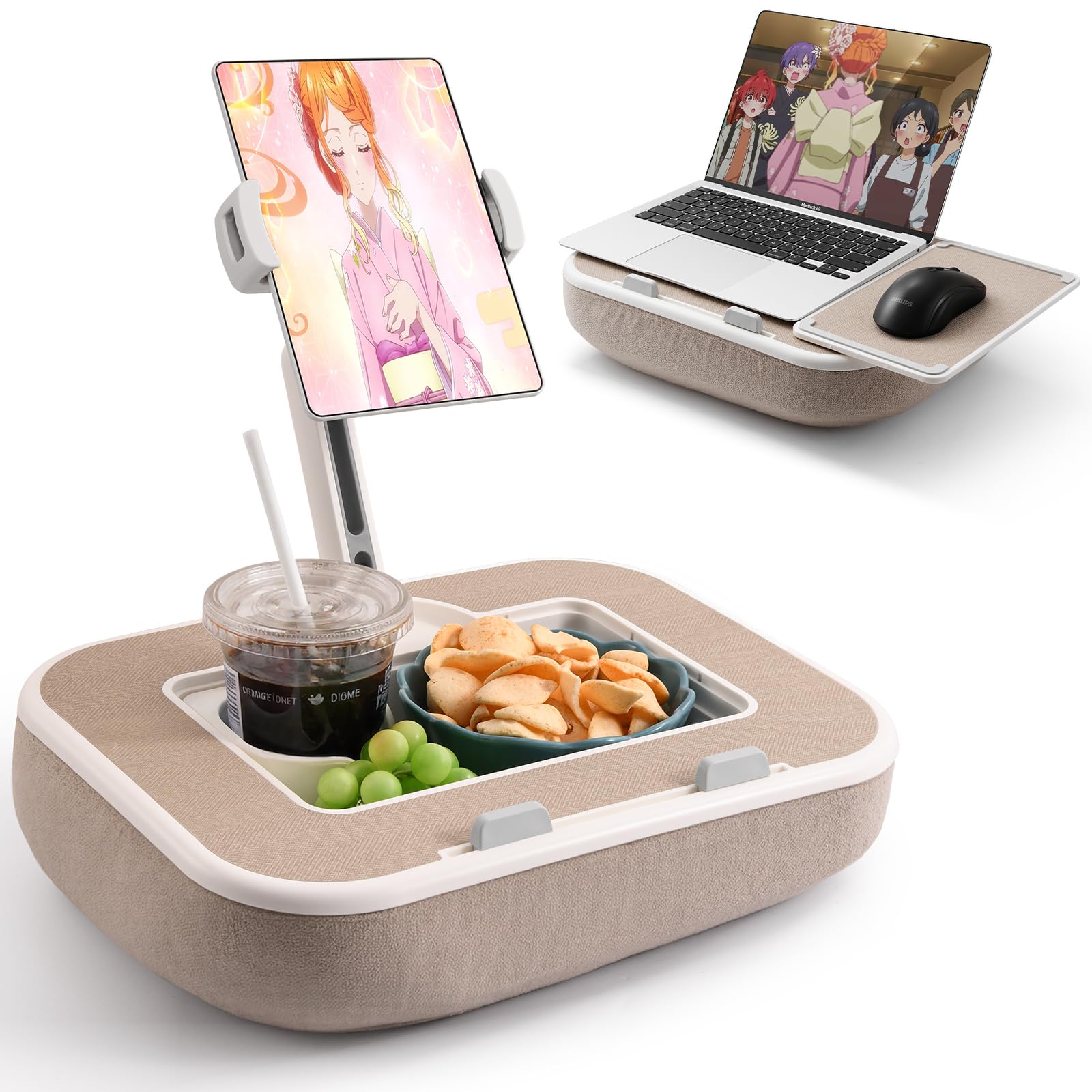 楽天湖南オンライン360°回転式携帯スタンド付き 膝上テーブル。4.7・13インチのスマホ、キンドル、タブレット、iPadに対応。お菓子用ボウルと書き物板付きクッションテーブル。ベッド、ソファ、フロア、車内などで使用可能 - グレイッシュホワイト