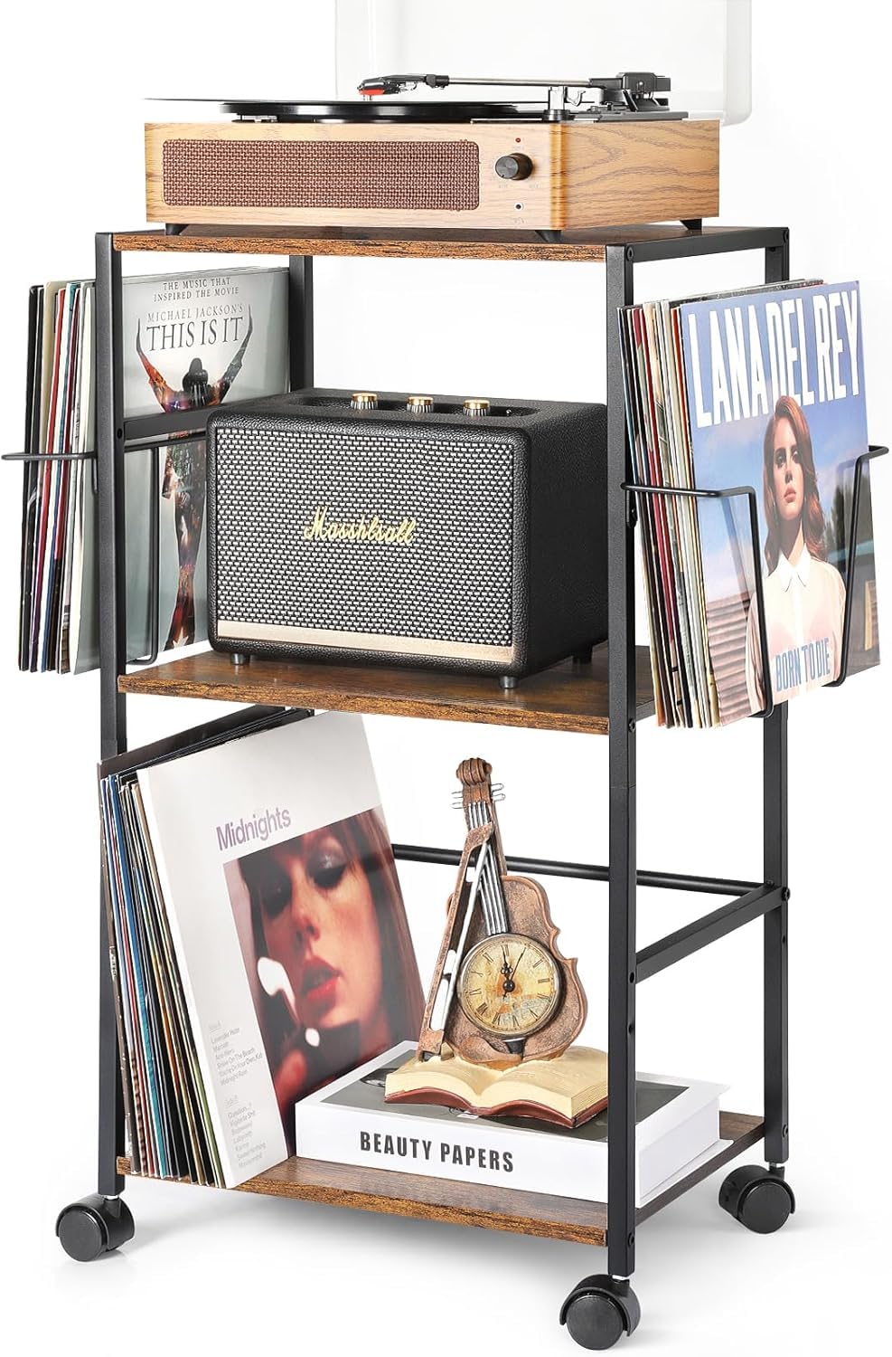 VINAEMO レコードラック、レコード棚、レコードプレーヤーテーブル、大容量可動式レコード台、2つのレコード 壁掛け付きレコードプレーヤー台、150枚のレコードを収納でき、レコード盤、レコードプレーヤー、スピーカー、オーディオ機器の収納に適しています