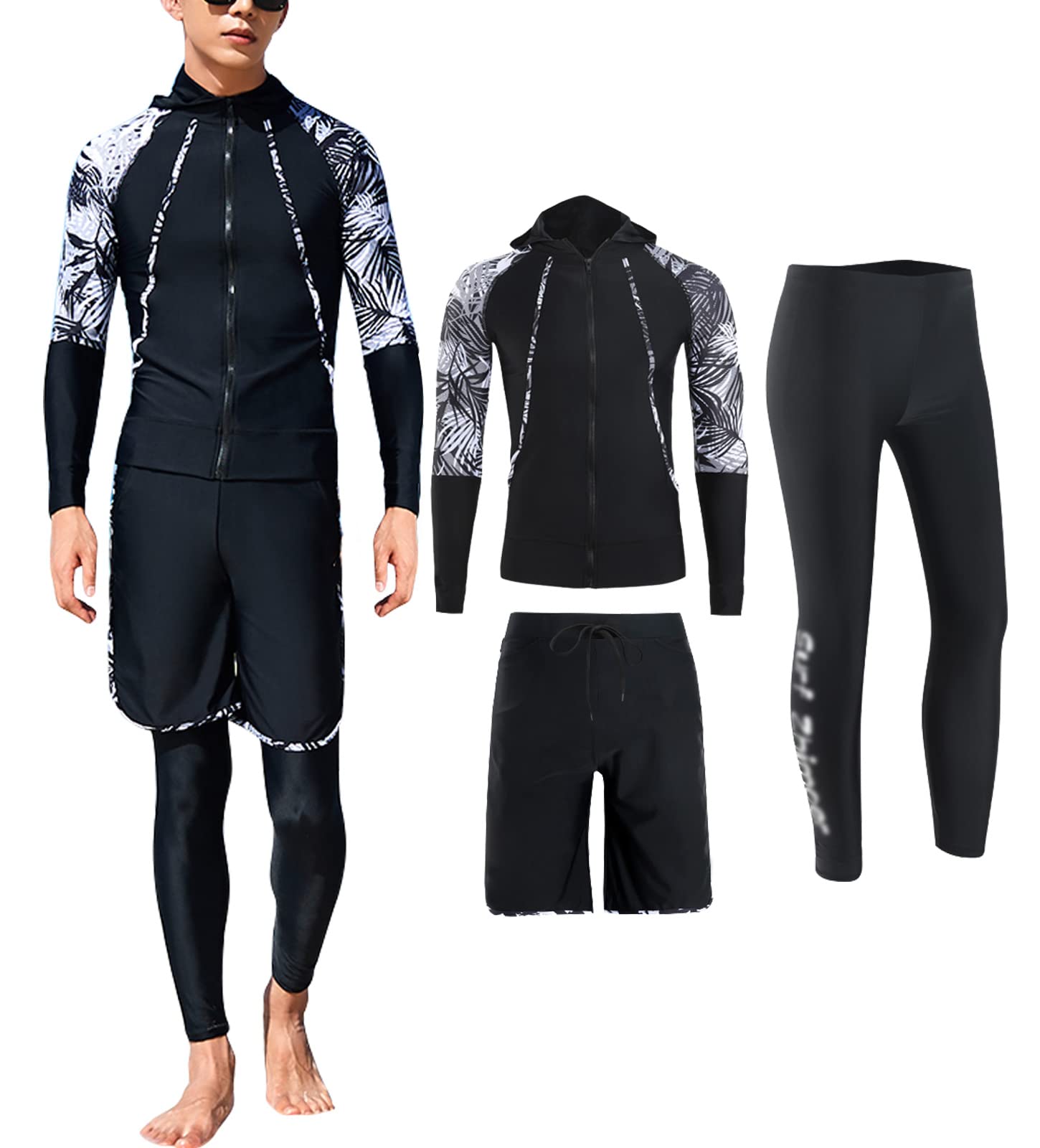 [Hilarocky] ラッシュガード メンズ 水着 長袖 前開き フィットネス水着 サーフパンツ レギンス 3点セット UVカット UPF50+ スイムウェア 水泳 水陸両用 温泉 吸汗速乾 ブラック