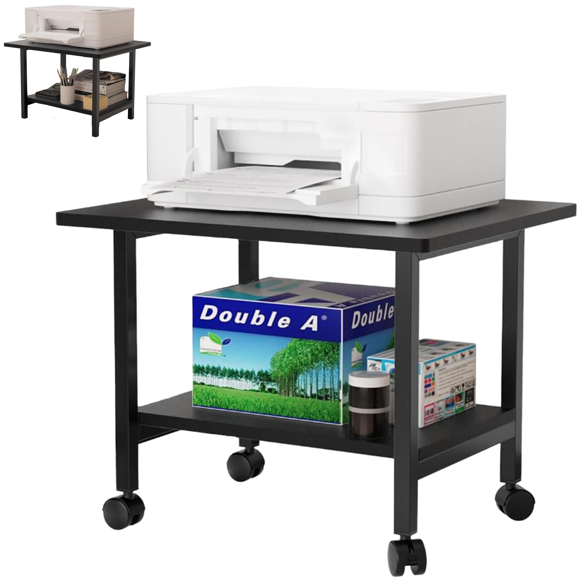 DEWEL プリンター台 2段 キャスター付き 幅48×奥行40×高さ37cm プリンターラック 卓上 デスク下 収納 プリンターワゴン 木製 総耐荷重30kg アジャスター付き コピー機台 コピー機置き台 複合機台 プリンタ台 ファックス台 プリンターカ