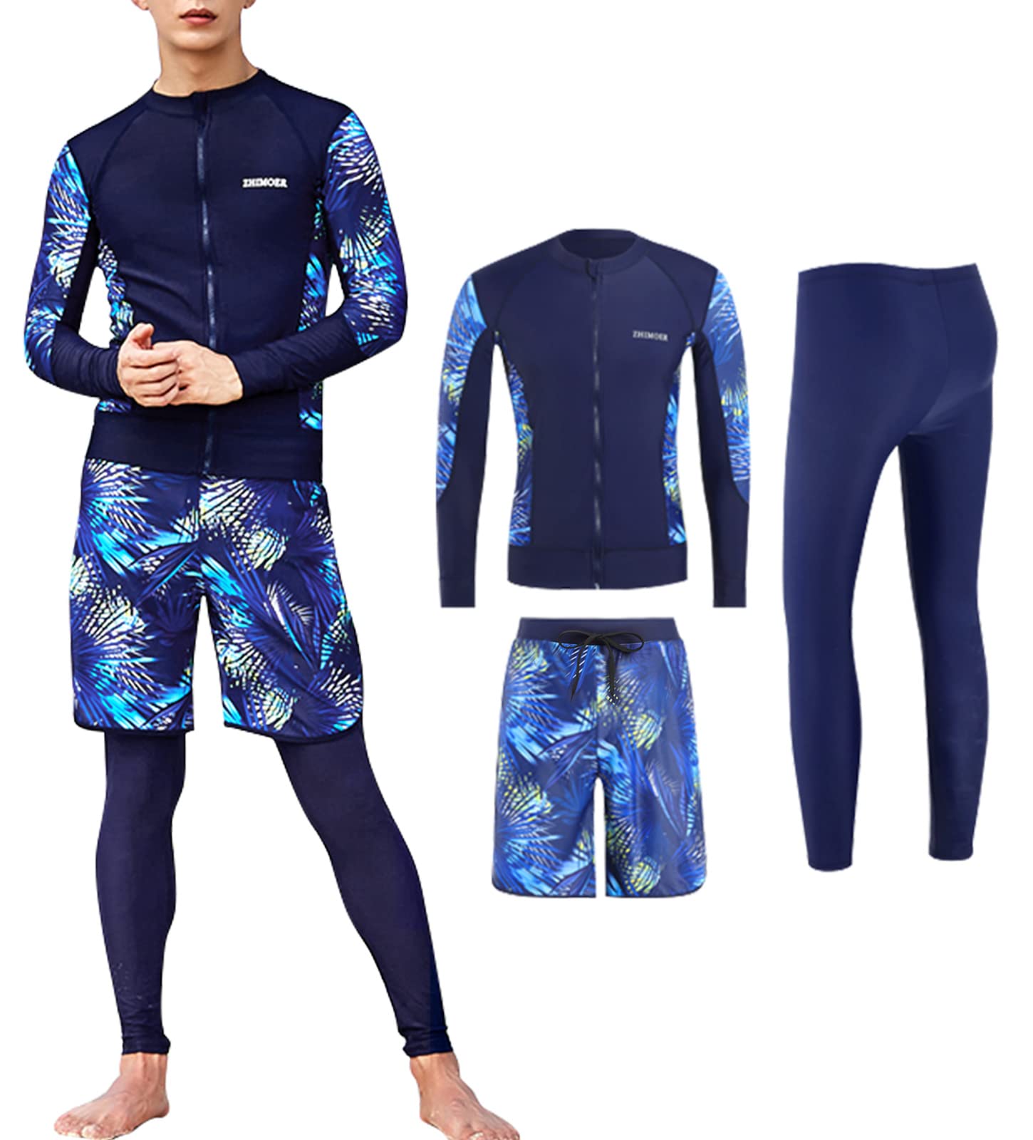 [Hilarocky] ラッシュガード メンズ 水着 長袖 前開き フィットネス水着 サーフパンツ レギンス 3点セット UVカット UPF50+ スイムウェア 水泳 水陸両用 温泉 吸汗速乾 ブルー