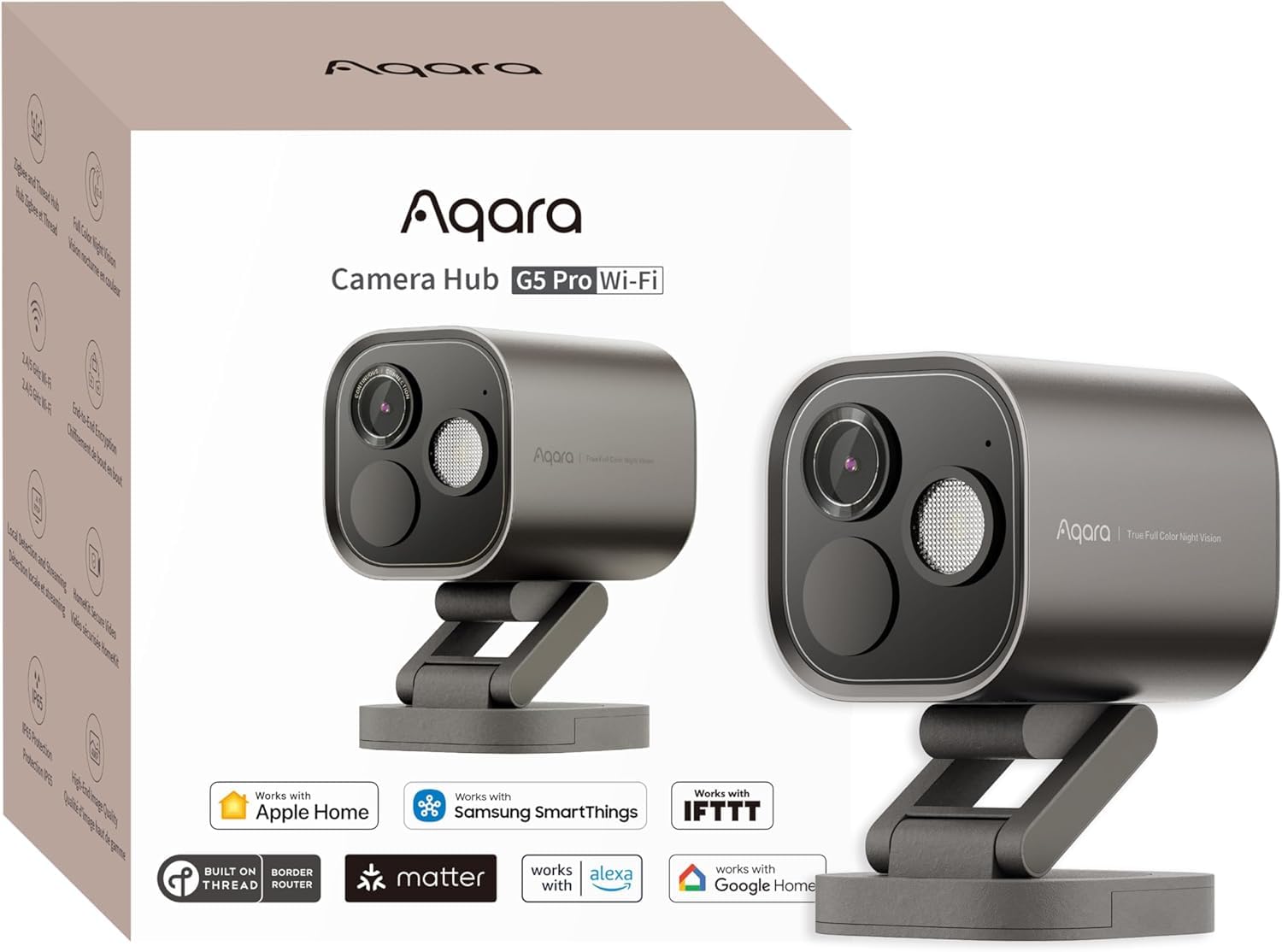 Aqara 防犯カメラ G5 Pro Wi-Fi 屋外屋内兼用 4MP フルカラーナイトビジョン 玄関 見守り カメラ 監視カメラ スマート Matter ハブ 133°超広角 AI検知 音声検知 スポットライト セキュリティ保護 IP65 防水防塵 耐候