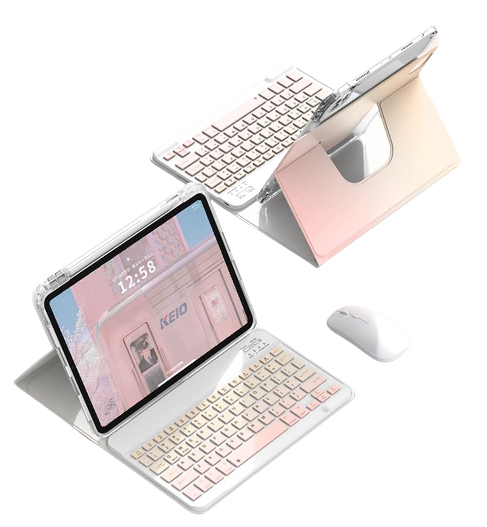 乐天商城 - 360度回転 iPad 10.2キーボード ケース マウス付き グラデーションカラーキーボード iPad 第9世代 8世代 7世代 10.2インチケース キーボード付きマグネット分離式 透明 クリア 背面カバー 縦置き 横置きスタンド ペン収納 (黄+ピン