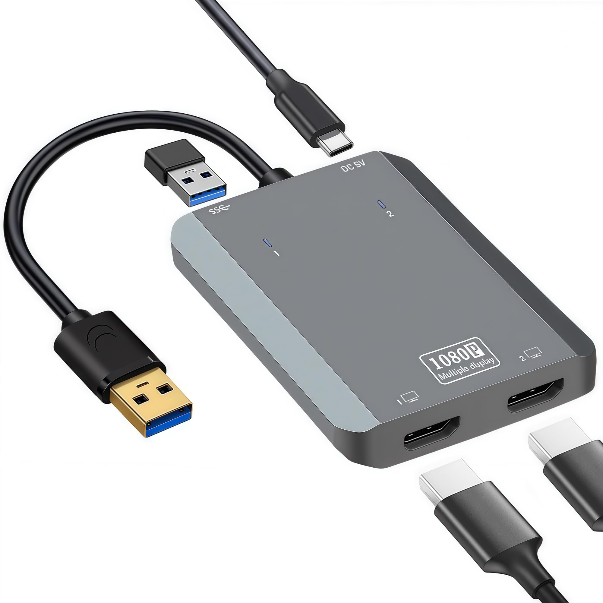 MST USB 3.0-デュアルHDMIディスプレイアダプタ USB HDMI 変換アダプタ 拡張 1920*1080P 60Hz デュアル HD 画面出力 拡張/ミラー モードをサポート USB-3.0高速伝送+Type-C充電ポート付き Windows