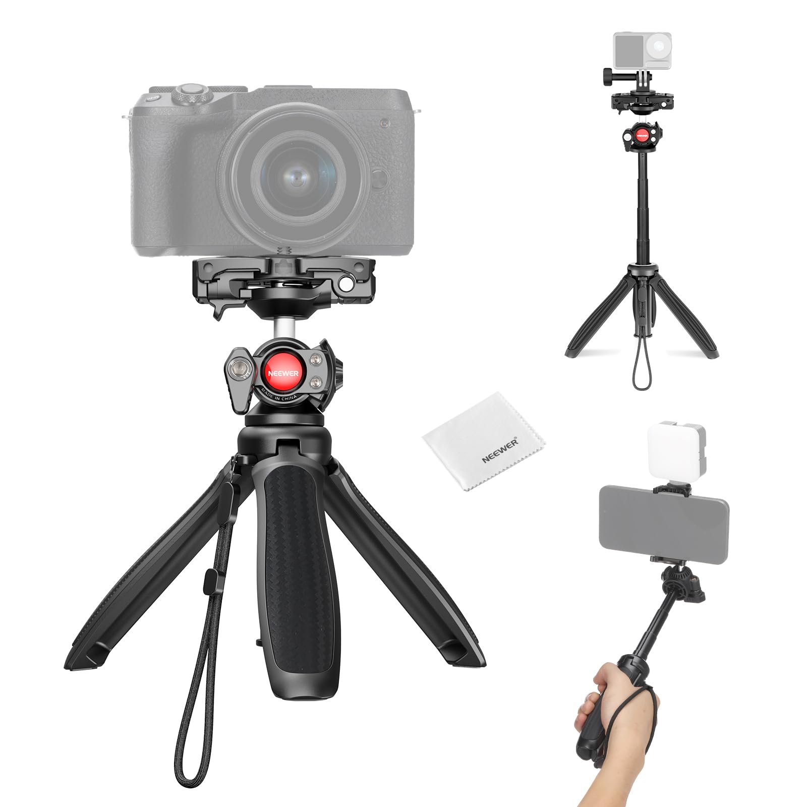 乐天商城 - NEEWER スマホ三脚スタンド 38cm 自撮り棒 伸縮式 スマホホルダー付き アクションカメラマウントアダプター コンパチブル iPhone/Hero 12 11 10 9 ミニトラベル三脚スタンド クリーニングクロス付き 旅行用三脚 Vlog/ビデオ