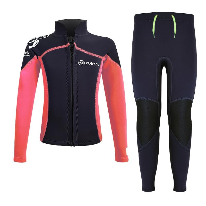 MORGEN SKY ウェットスーツ キッズ 水着 上下セット 男の子 女の子 2.5mmネオプレン マリンスポーツ ダイビング 水遊び プール 長袖 長ズボン 防寒保温 日焼け止め サーフィン 子供用 R002 (黒赤-上下セット, 10)