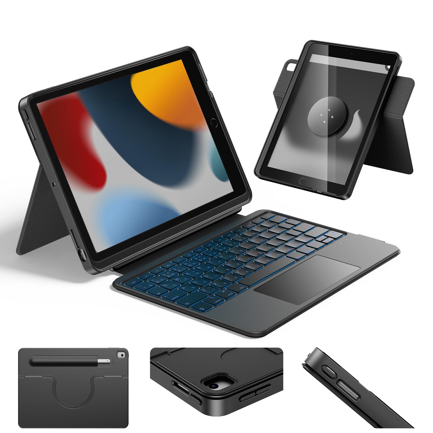HOU Combo キーボードケース for iPad 第9世代 (10.2インチ, 2021年) & 第8世代 (2020年) & 第7世代 (2019年) マルチタッチトラックパッド搭載, 7色バックライト, 薄型軽量, 回転・着脱可能, 縦向き/横向