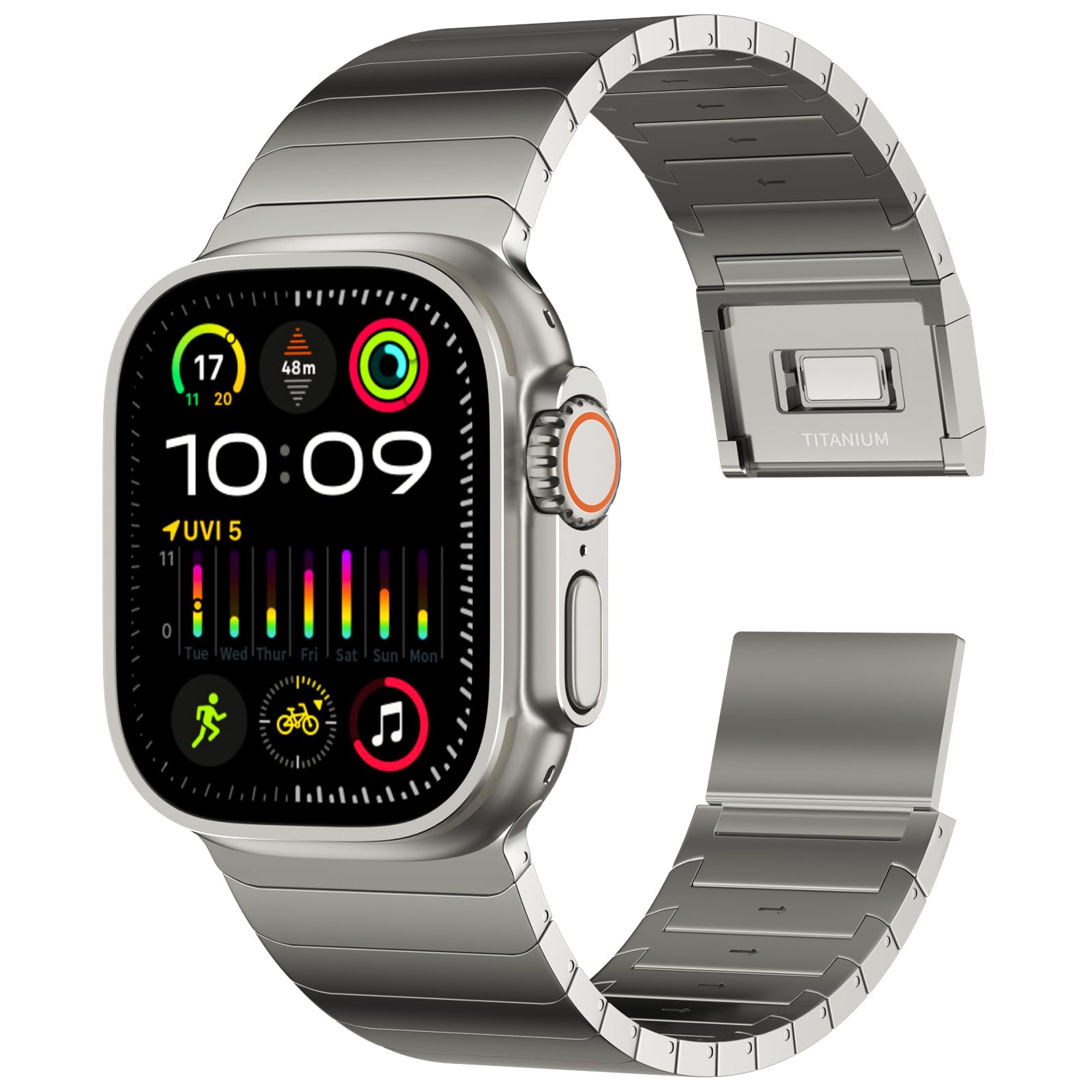 ACESTARフルチタンバンドはApple Watchと互換性があり、Ultra 49mm / Ultra 2 49mm / Series 10 46mmに対応、22mm幅の調整可能なチタンリンク、チタン磁気クラスプ、チタンコネクタとDLCコーティング。