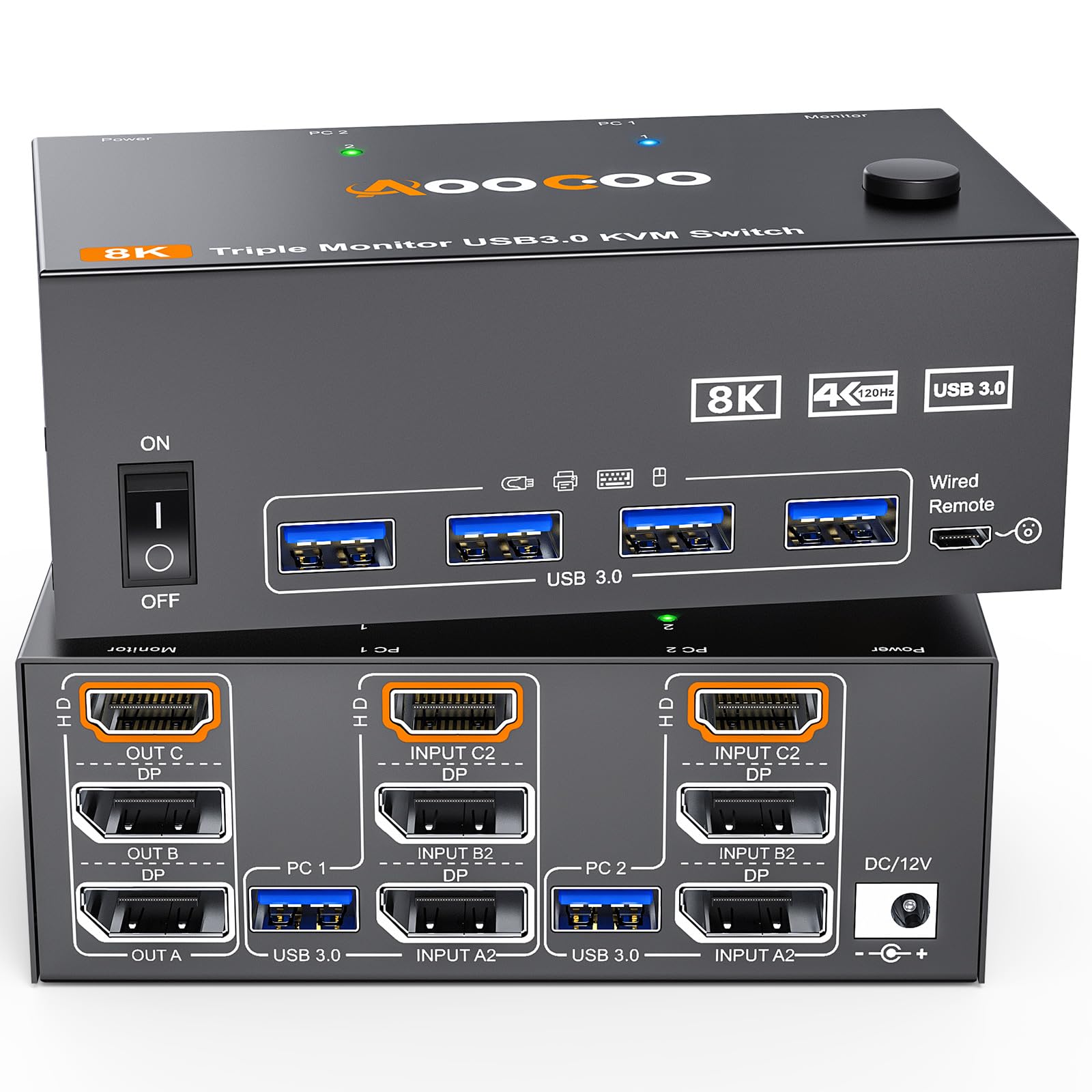 8K KVM切替器 2PC 3モニター、ミラー/拡張モード HDMI + DPポート (8K@30Hz/4k@144Hz) USB3.0ポート KVM Switch PC2台とディスプレイ3台対応 キーボード、マウスを2PCで共有 ドライバー不要 手元スイ