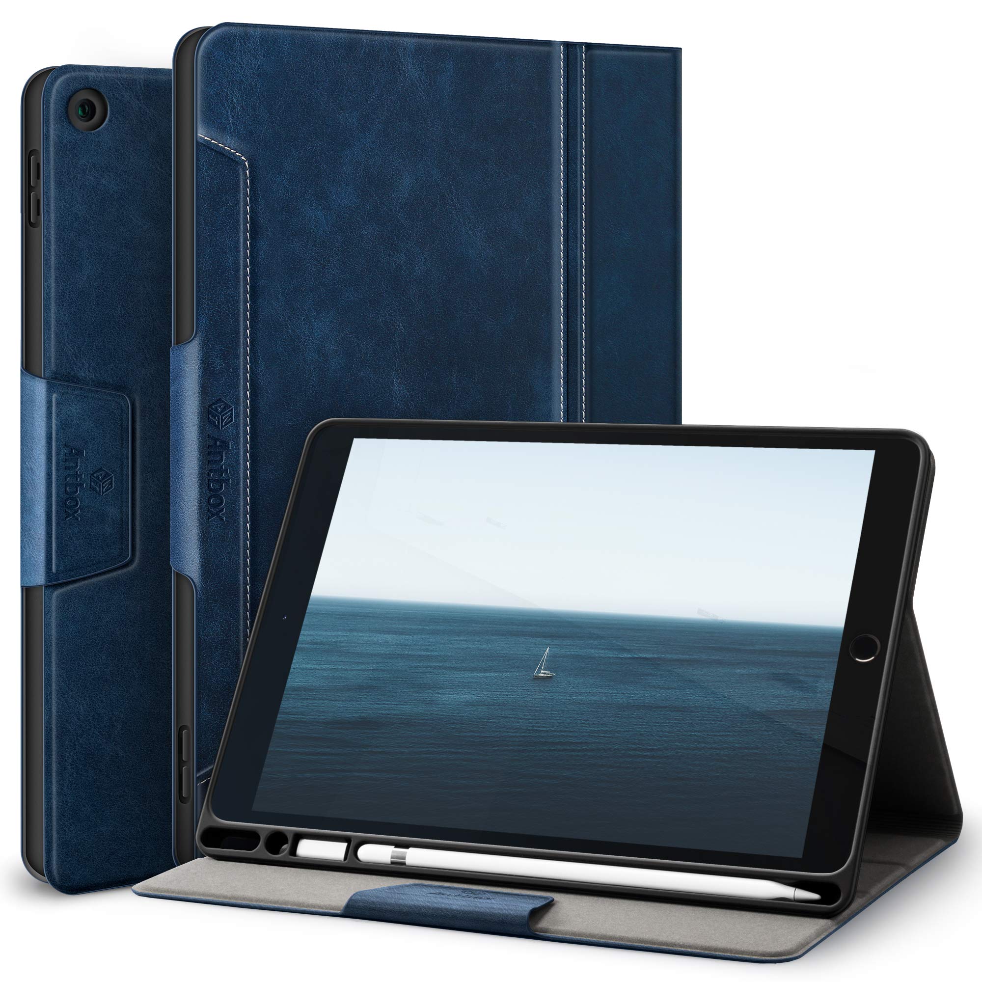 Antbox iPad 9世代 ケース 10.2インチ 第9/8/7世代 ケース 高級ソフトPUレザー製 ひび割れ防止 耐衝撃 Pencil収納可 オートスリープ＆スタンド機能付き 全面保護 iPad第7/8/9世代 カバー (ブルー)