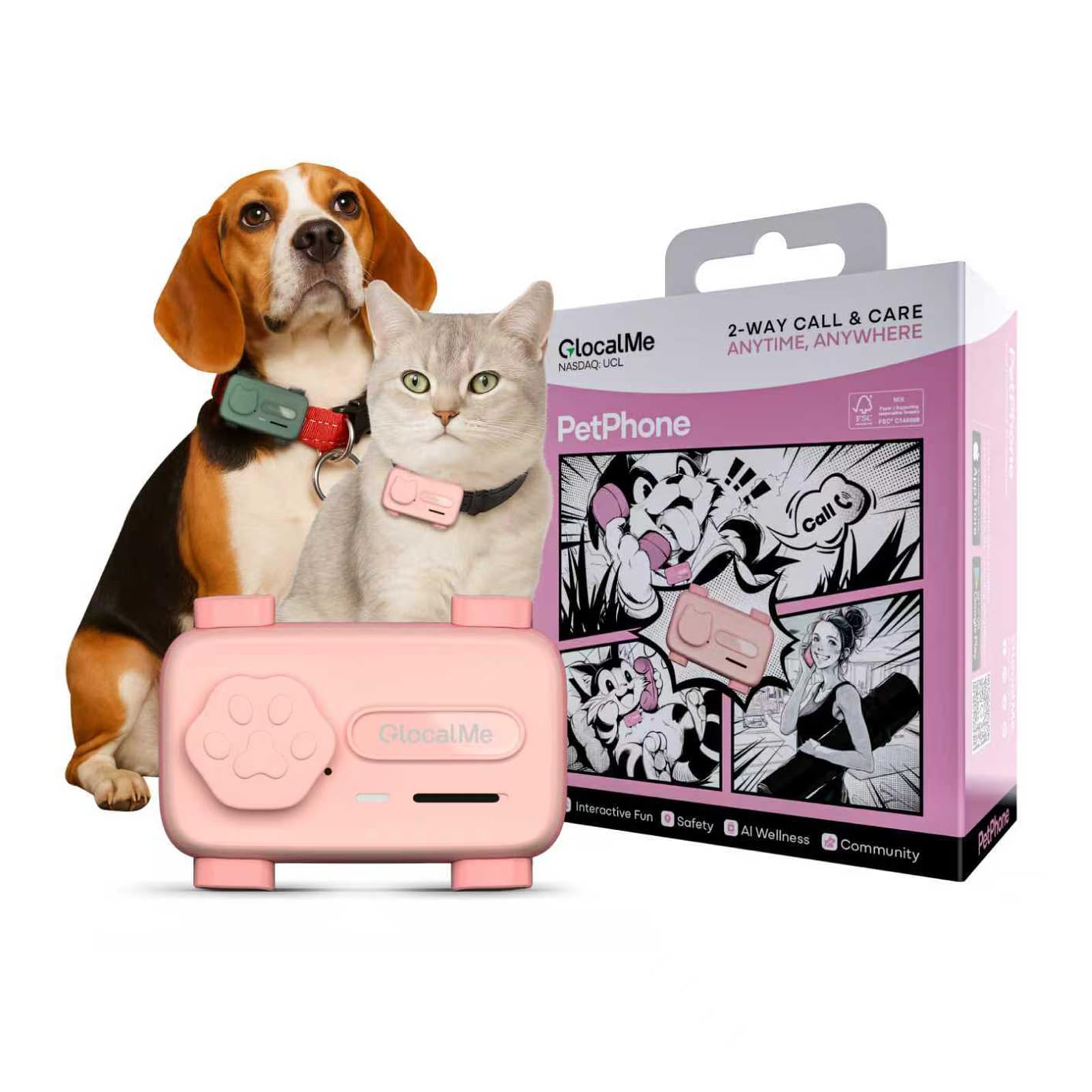 GlocalMe PetPhone ペット用GPSトラッカー （犬・猫用） AI健康アラート 双方向通話 リアルタイム追跡 バーチャルフェンス 6つの先進測位技術 無制限範囲対応 30日間無料トライアルサービス付き (ピンク)
