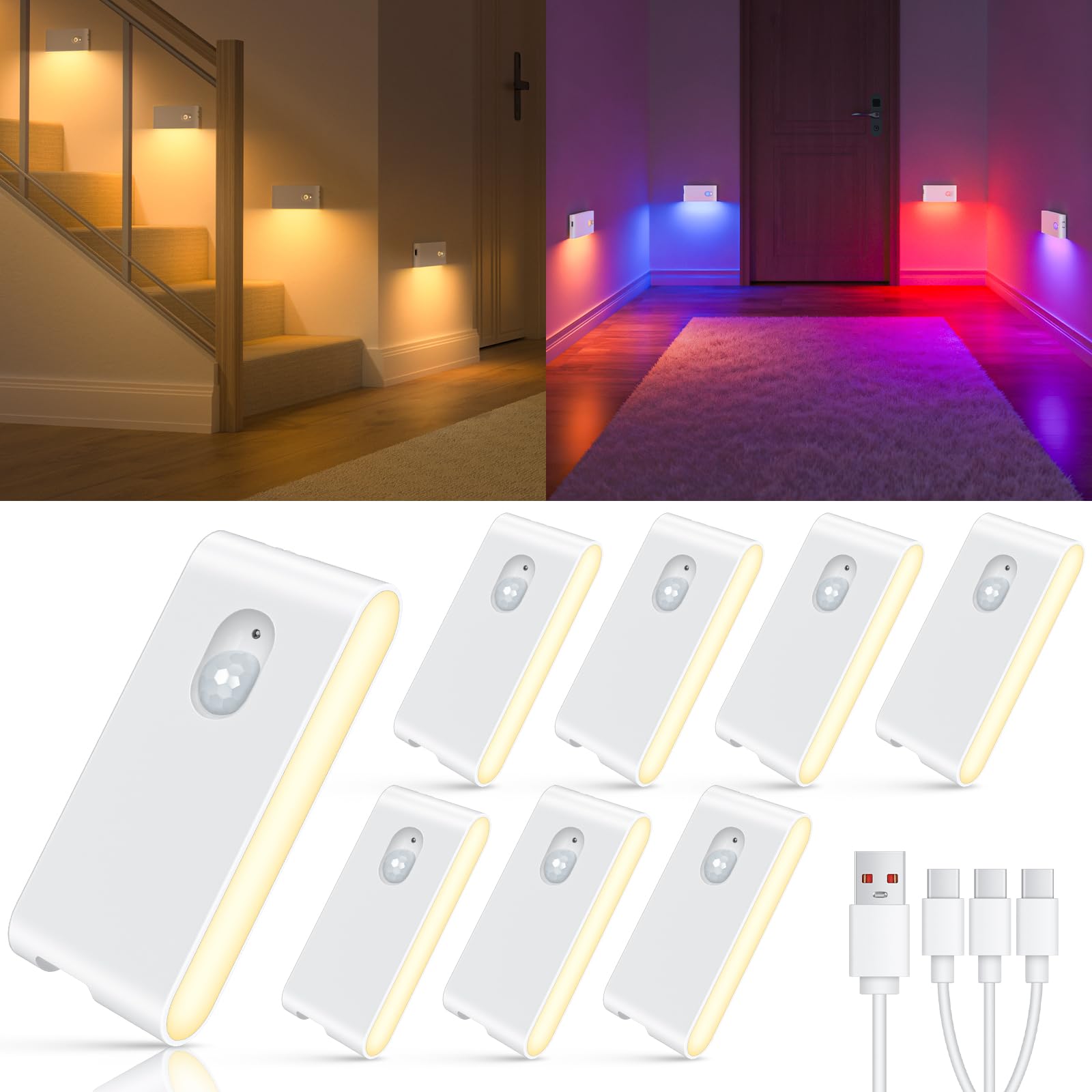 WILLED 人感センサーライト 室内 充電式 RGB＋電球色,じんかんせんさー ライト 室内 充電式 8個セット ナイトライト ワイヤレス 自動点灯,足元ライト 人感センサー 階段 廊下 玄関 キッチン クローゼット 寝室 子供部屋