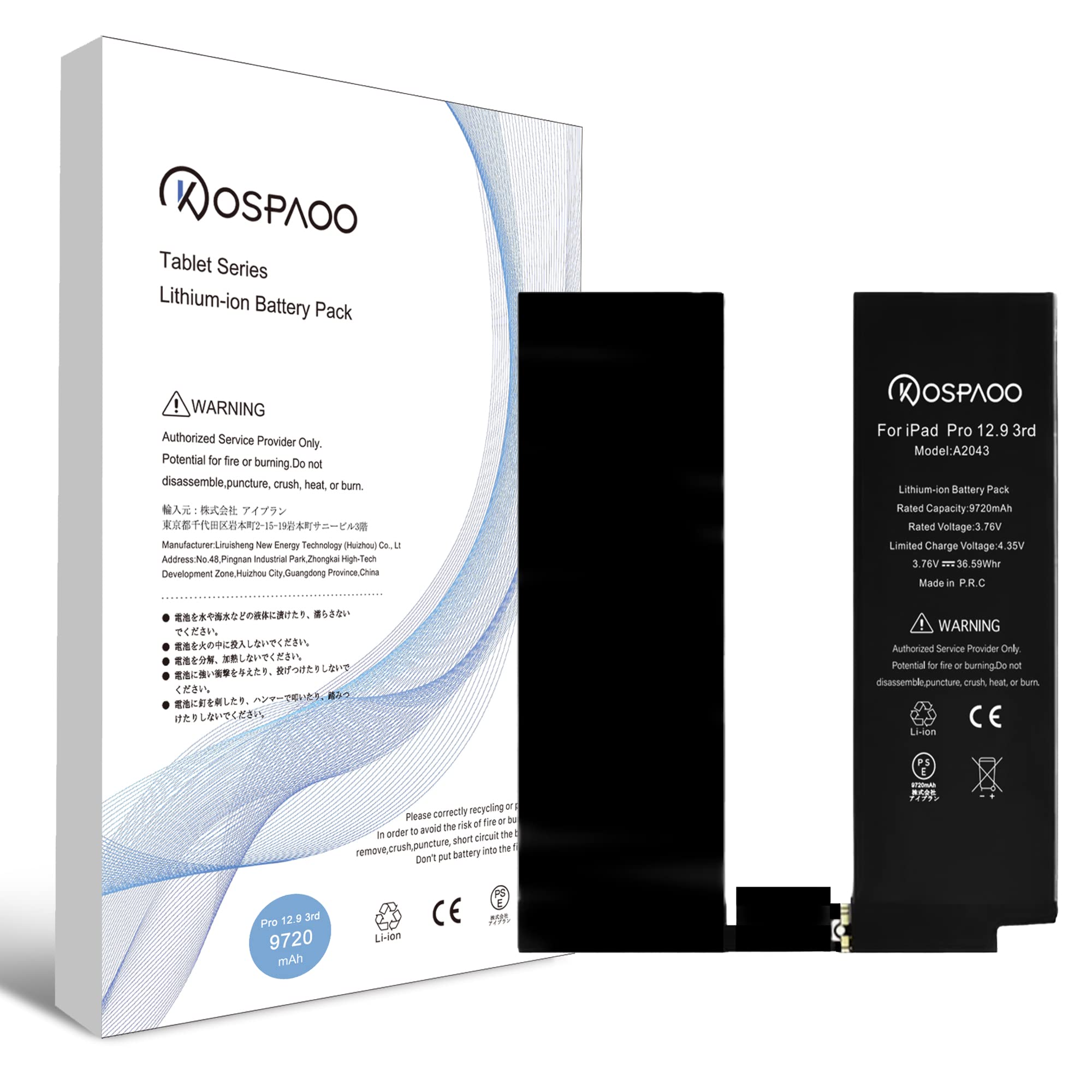 KOSPAOO for iPad Pro 12.9 3rd/4th Gen バッテリー 第3/4世代 互換 A2043電池 容量9720mAh 3.76V PSE認証 適用A1876/A2014/A2229等機種 交換修理用 Lithium-ion Bat