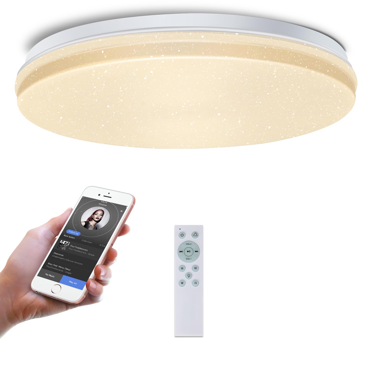 GHETTALINN LED 音楽シーリングライト 5年保証 6畳 40W 直径30センチ 内蔵のBluetoothスピーカー RGBライト 明るい 天井照明 調光調色 高・度 リモコン付き 雰囲気ライト メモリ機能 常夜灯 省エネ 節電 工事不要 簡単取