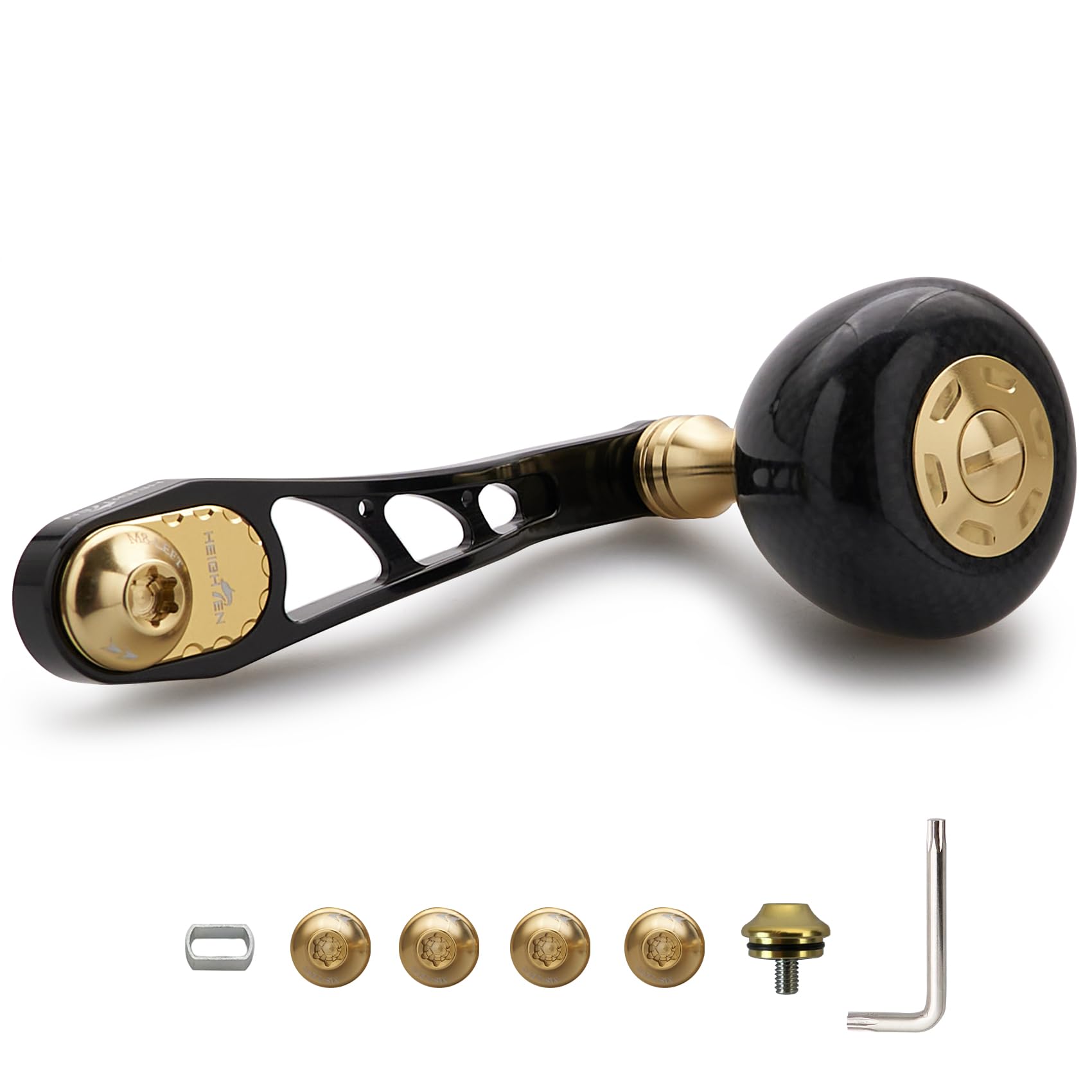 HEIGHTEN 65/75mm可変 リール ハンドル 36mm カーボン製 ハンドルノブ 搭載 シマノ(SHIMANO) ダイワ(DAIWA) アブ(Abu) ベイトリール 通用 Arch Carbon Series (ブラック＆ゴールド) (1186)
